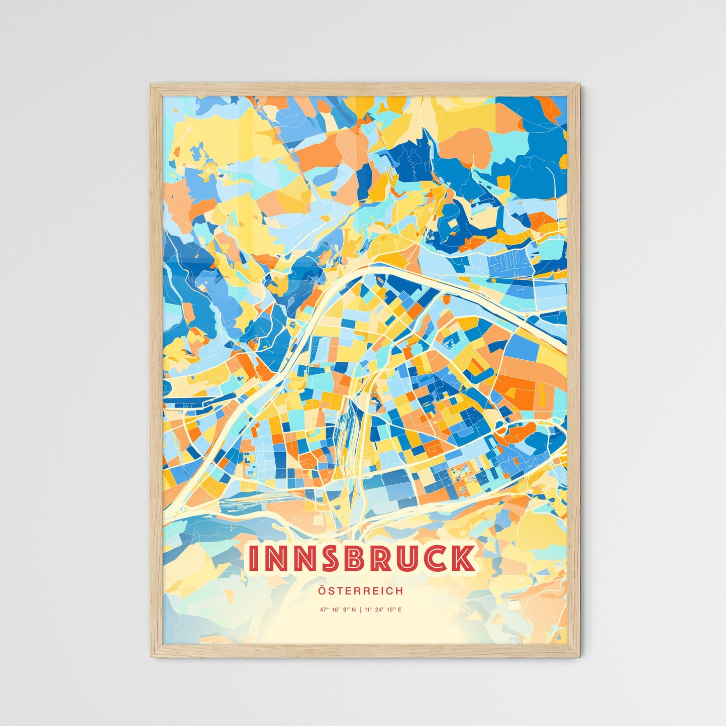 Colorful Innsbruck Austria Fine Art Map Blue Orange
