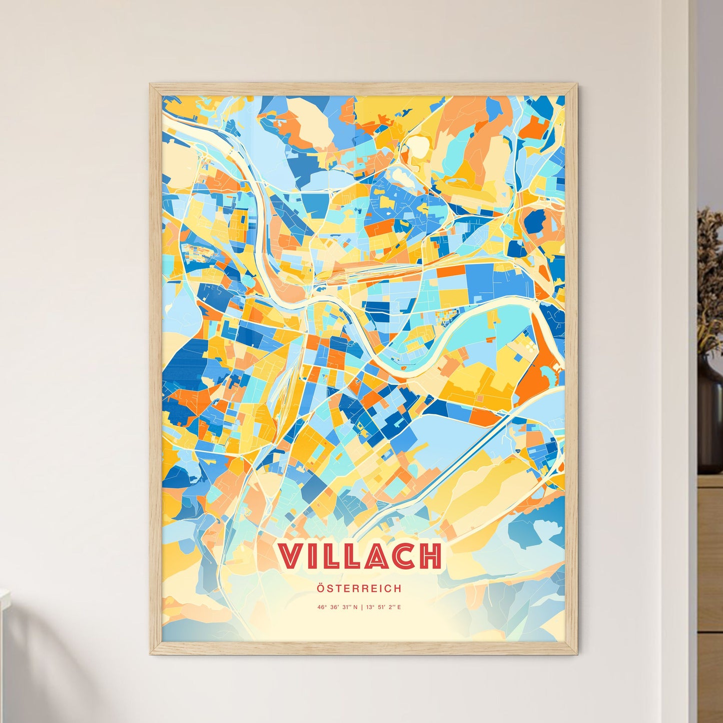 Colorful Villach Austria Fine Art Map Blue Orange