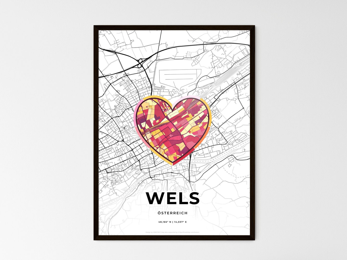Wels Austria wedding art map with heart icon