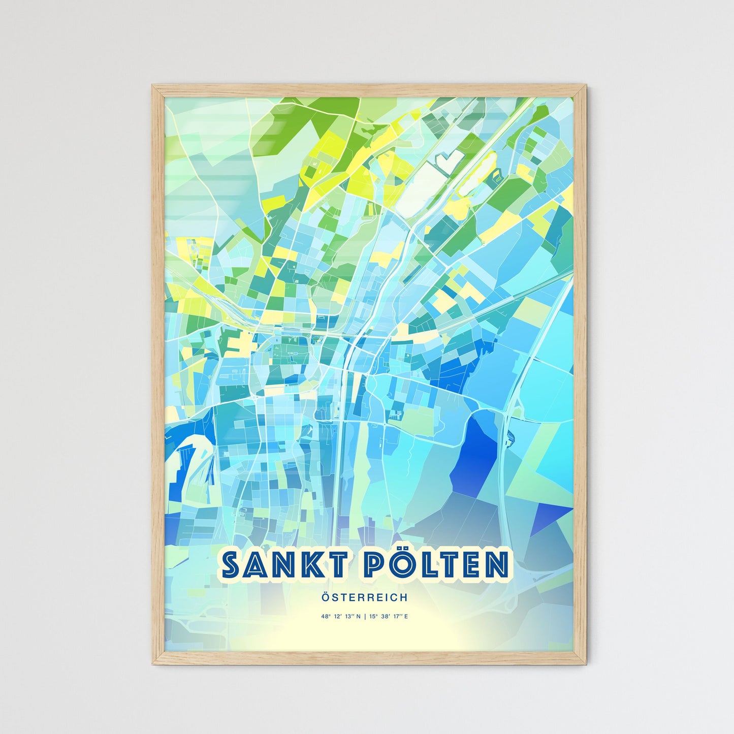 Colorful SANKT PÖLTEN AUSTRIA Fine Art Map Cool Blue