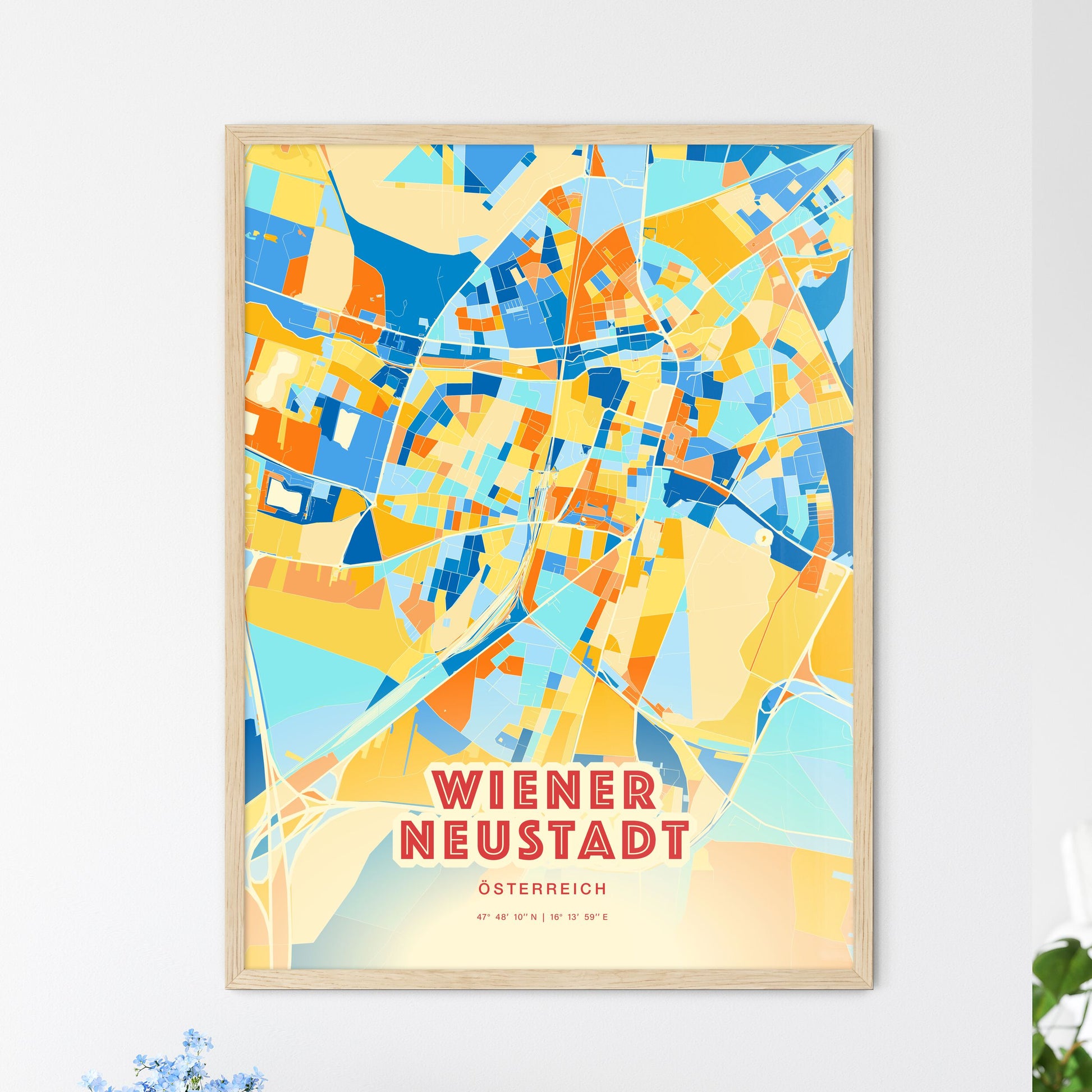 Colorful WIENER NEUSTADT AUSTRIA Fine Art Map Blue Orange