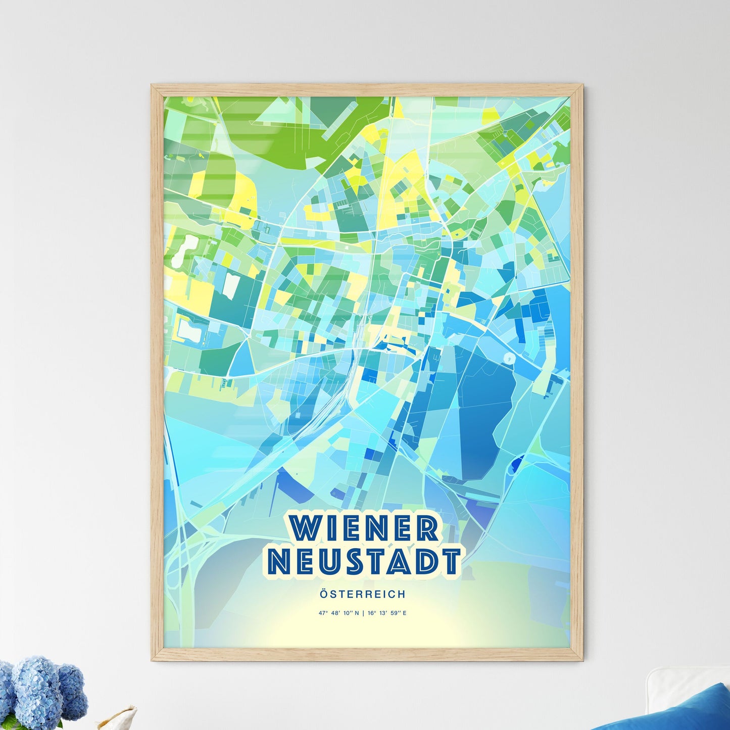 Colorful WIENER NEUSTADT AUSTRIA Fine Art Map Cool Blue