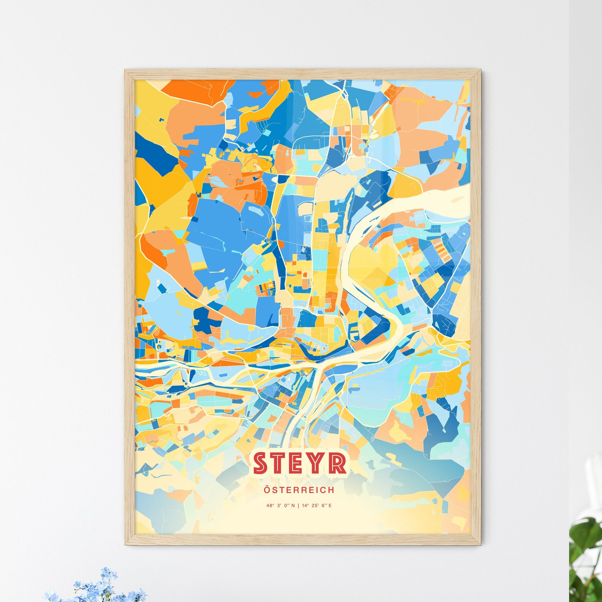 Colorful Steyr Austria Fine Art Map Blue Orange