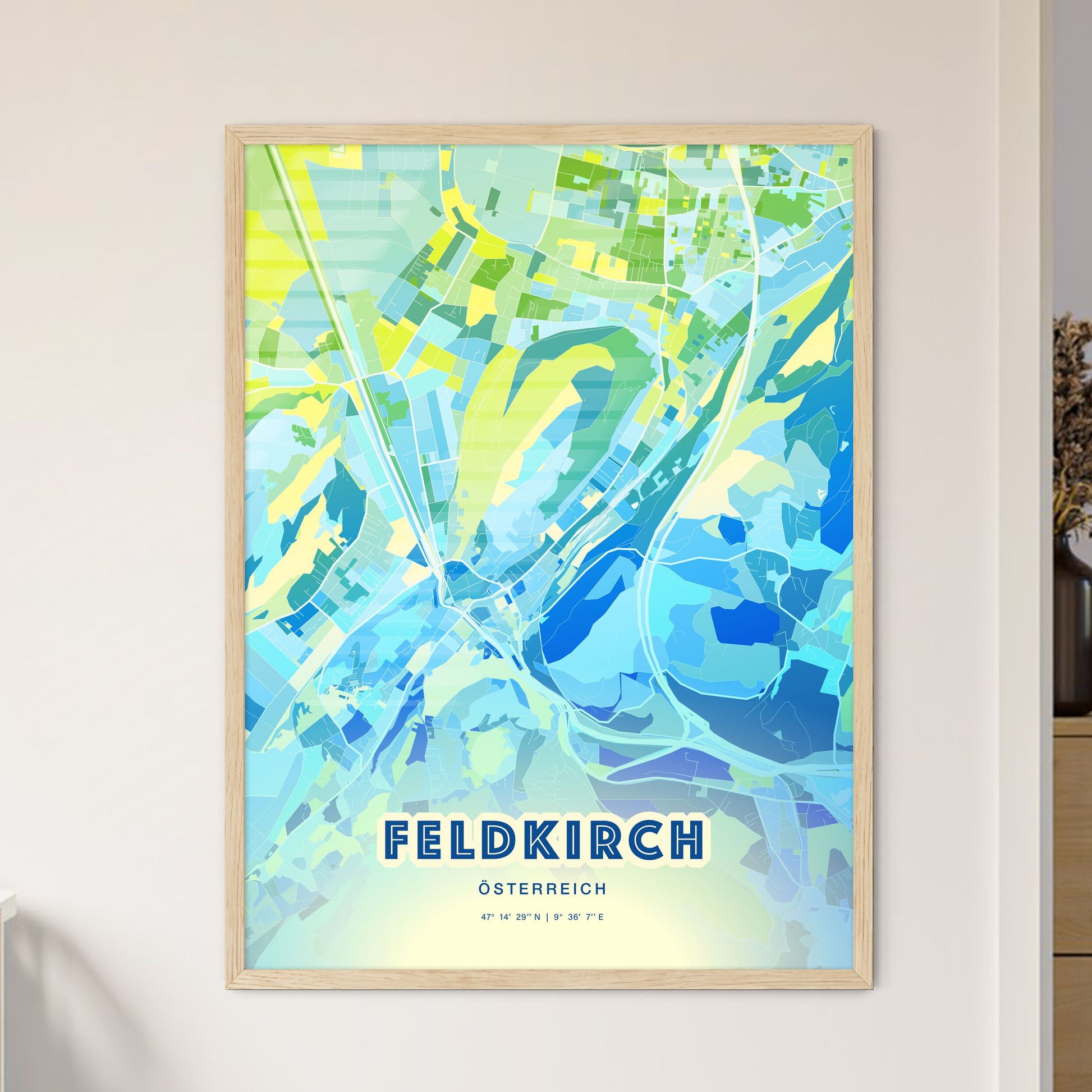 Colorful FELDKIRCH AUSTRIA Fine Art Map Cool Blue