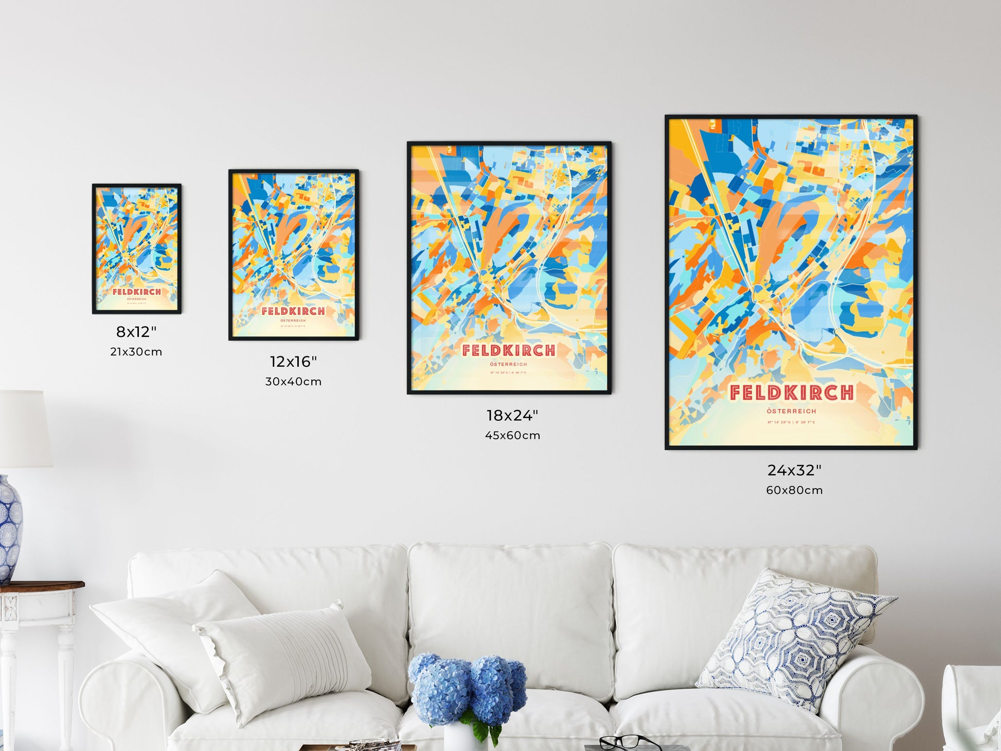 Colorful FELDKIRCH AUSTRIA Fine Art Map Blue Orange