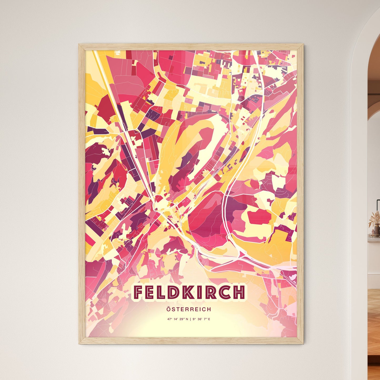 Colorful FELDKIRCH AUSTRIA Fine Art Map Hot Red