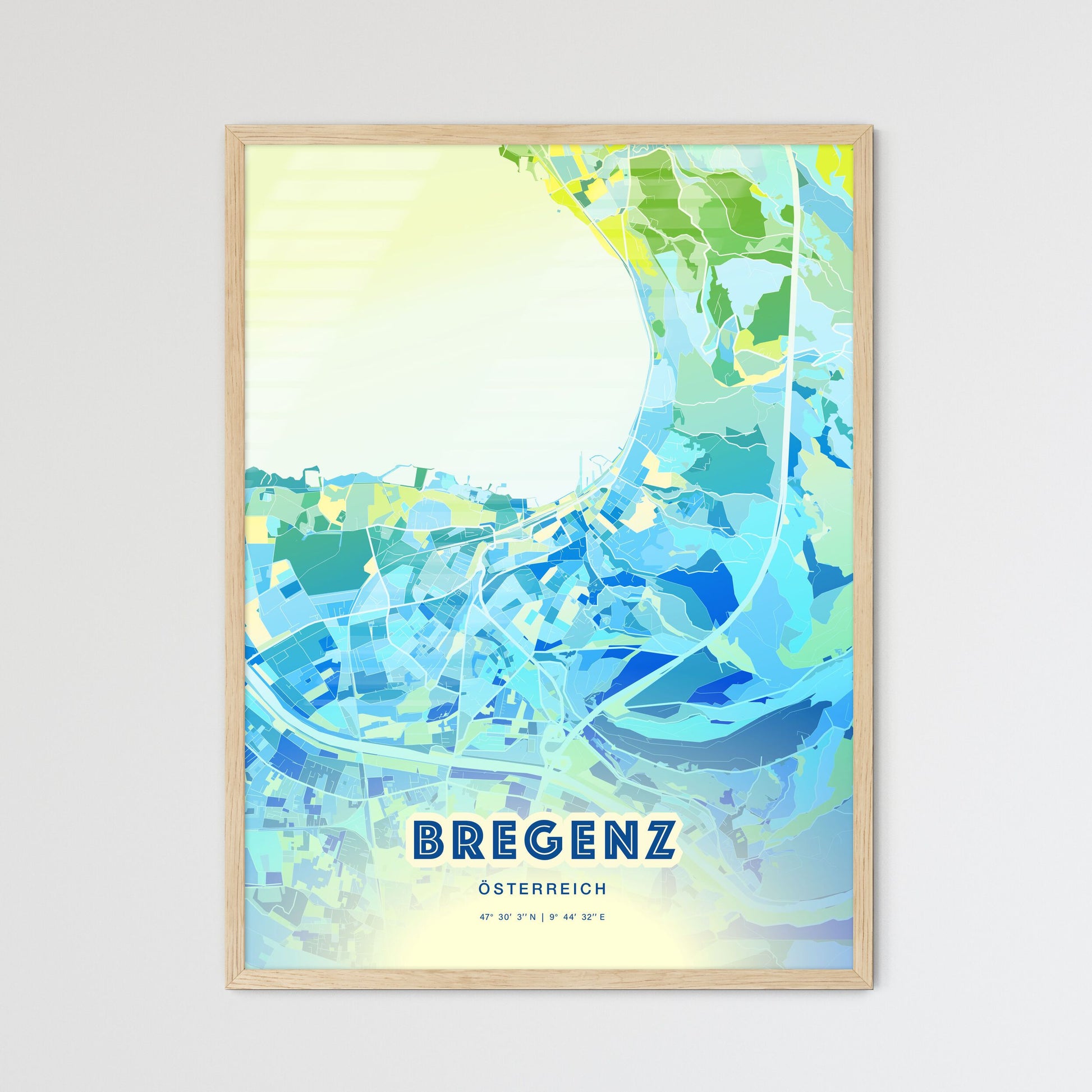 Colorful BREGENZ AUSTRIA Fine Art Map Cool Blue