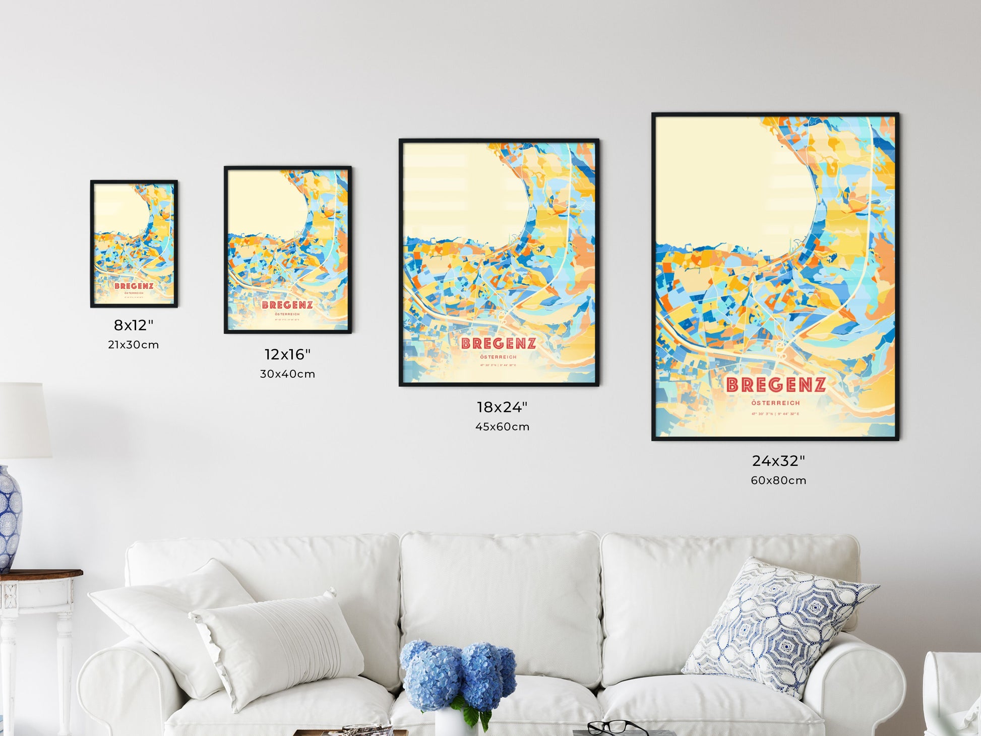 Colorful BREGENZ AUSTRIA Fine Art Map Blue Orange