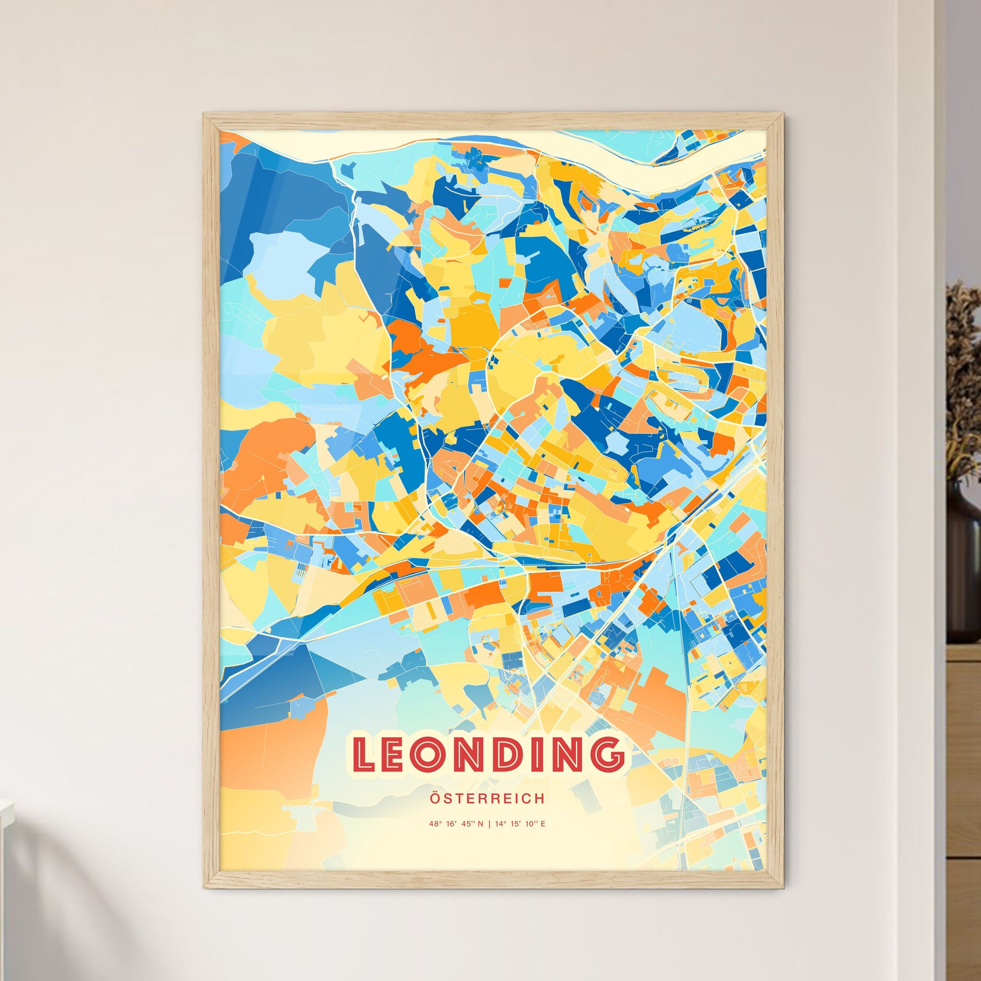 Colorful LEONDING AUSTRIA Fine Art Map Blue Orange