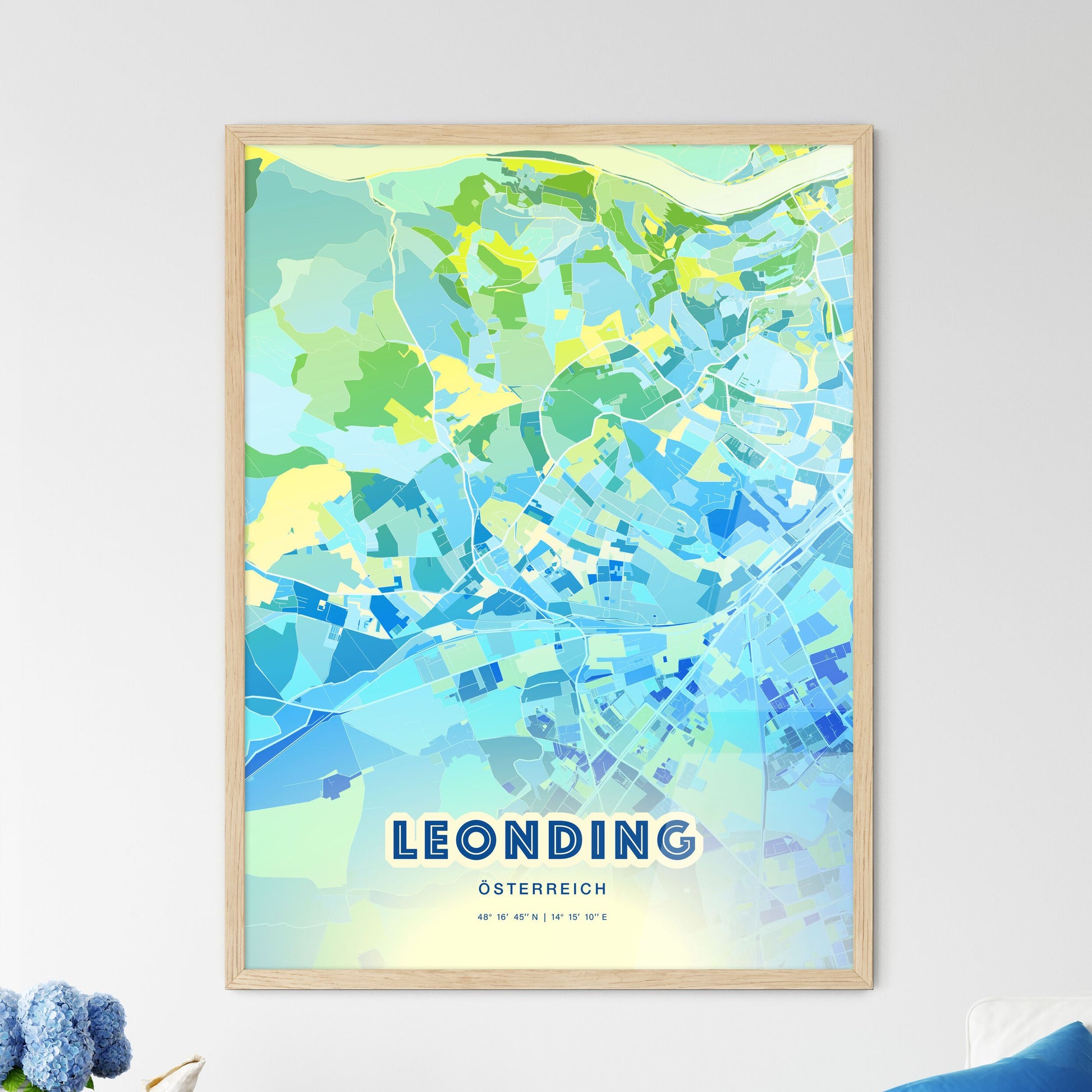 Colorful LEONDING AUSTRIA Fine Art Map Cool Blue