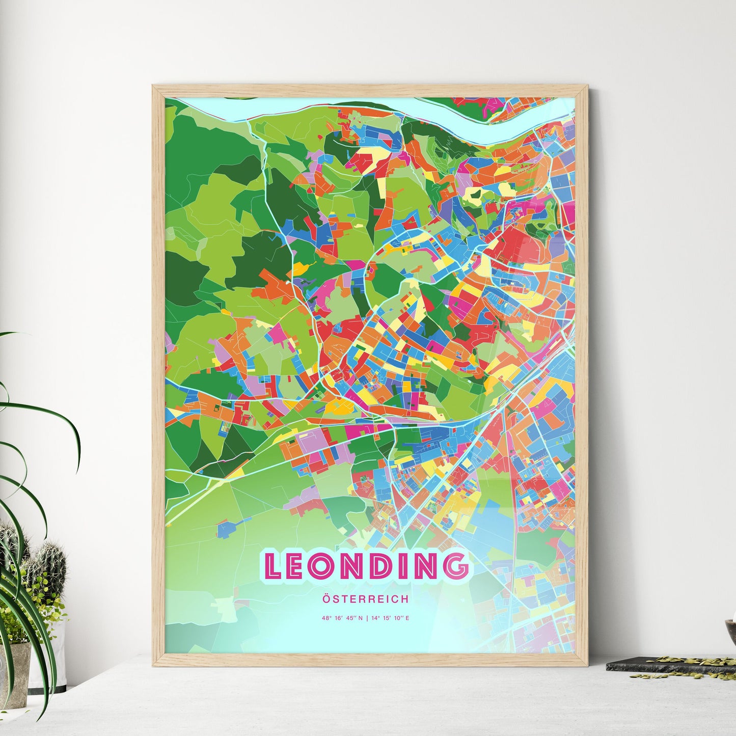 Colorful LEONDING AUSTRIA Fine Art Map Crazy Colors