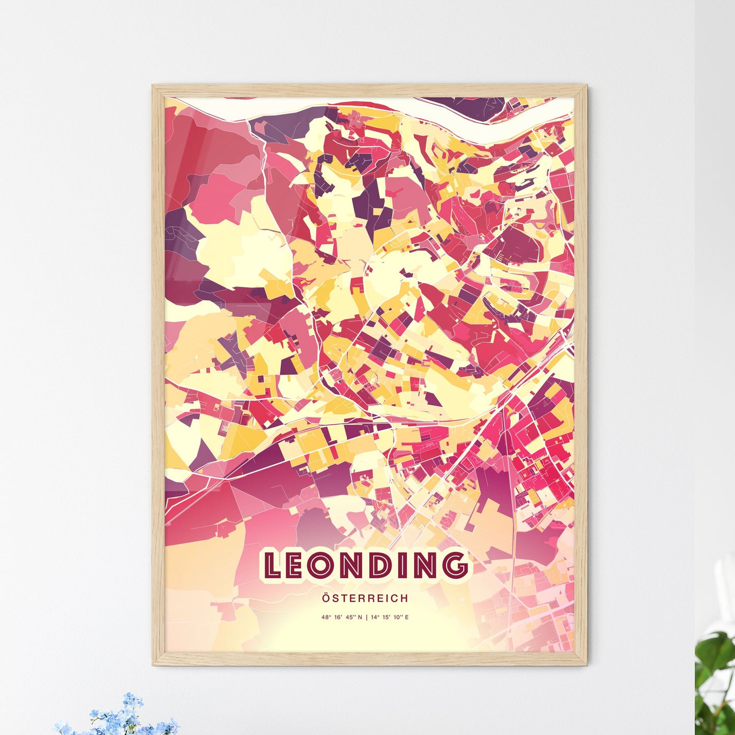 Colorful LEONDING AUSTRIA Fine Art Map Hot Red