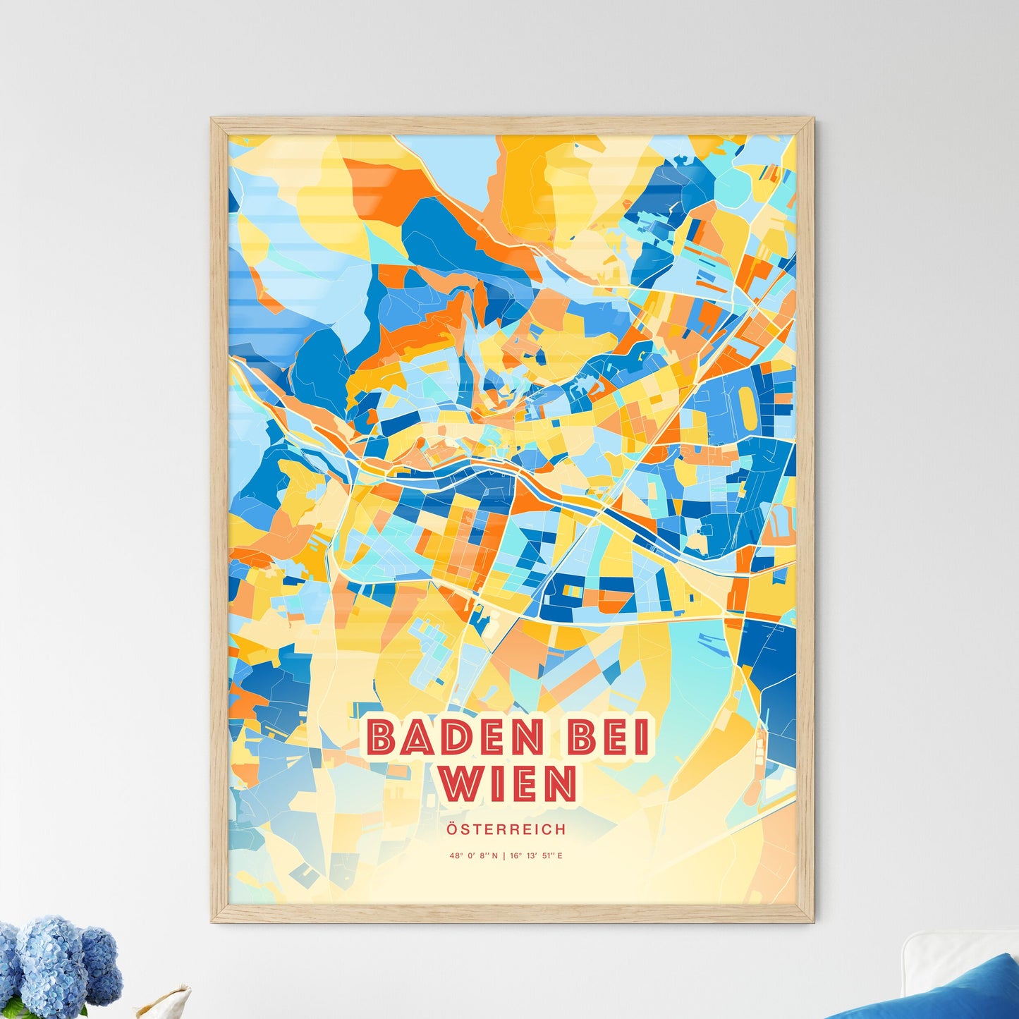 Colorful BADEN BEI WIEN AUSTRIA Fine Art Map Blue Orange