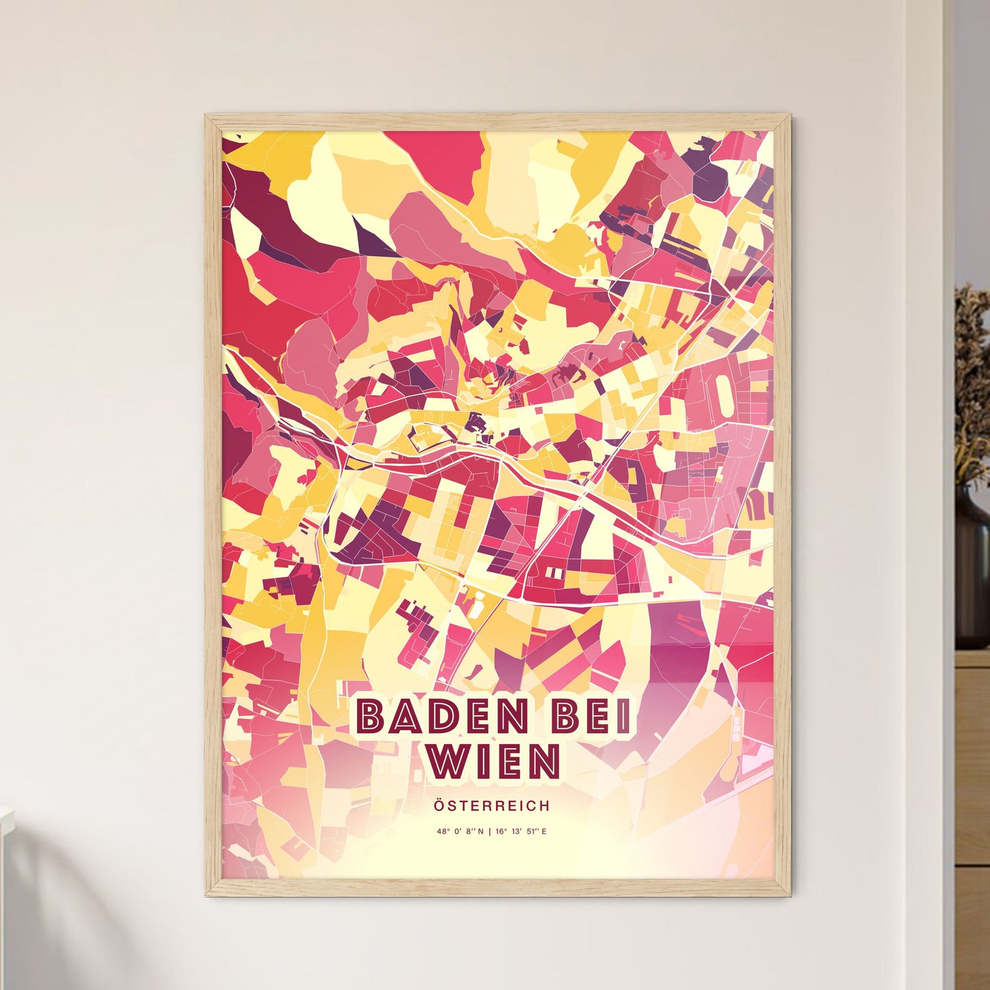 Colorful BADEN BEI WIEN AUSTRIA Fine Art Map Hot Red