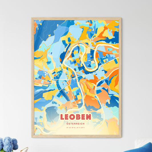 Colorful Leoben Austria Fine Art Map Blue Orange