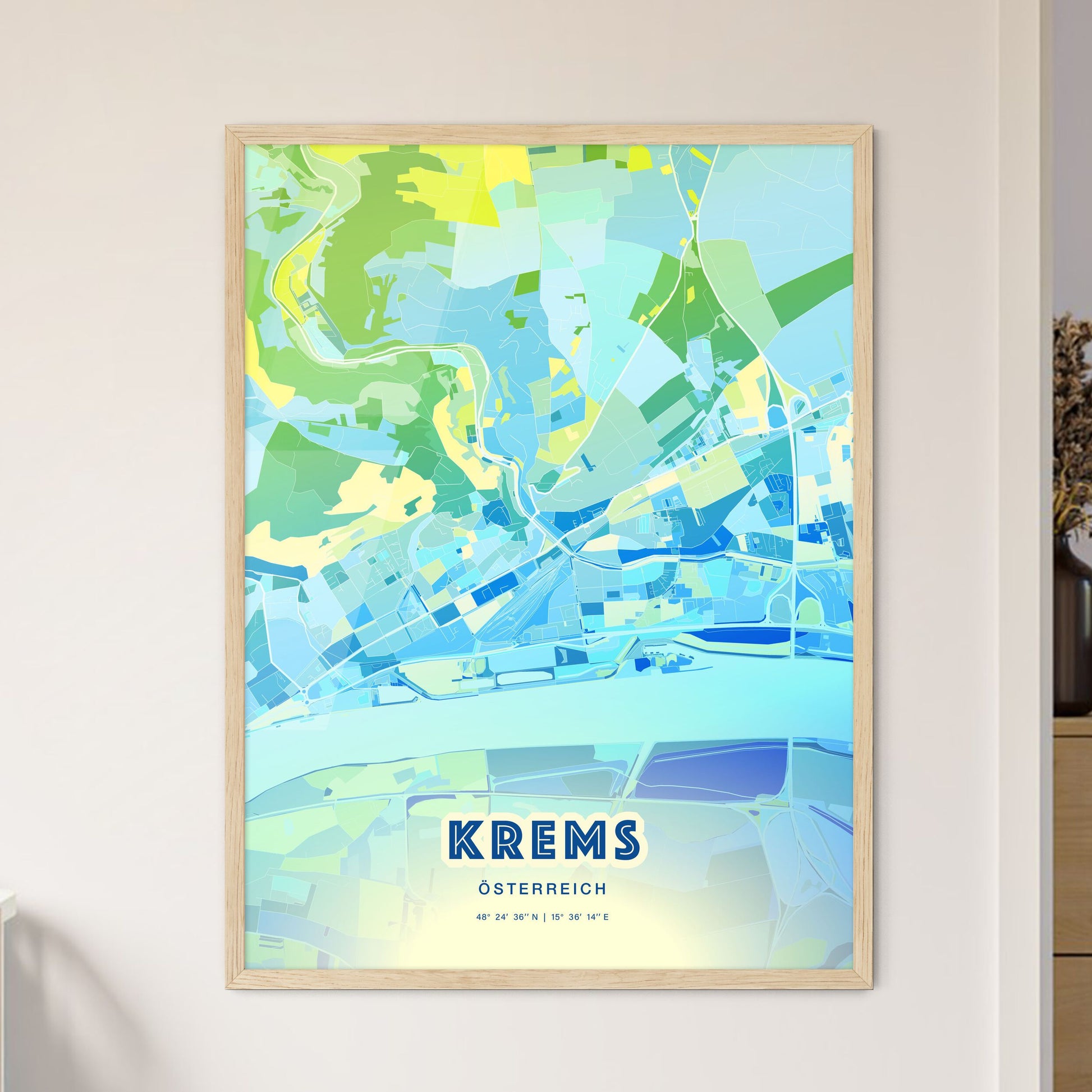 Colorful KREMS AUSTRIA Fine Art Map Cool Blue