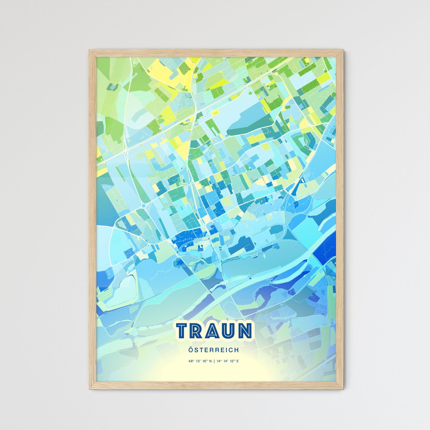 Colorful TRAUN AUSTRIA Fine Art Map Cool Blue