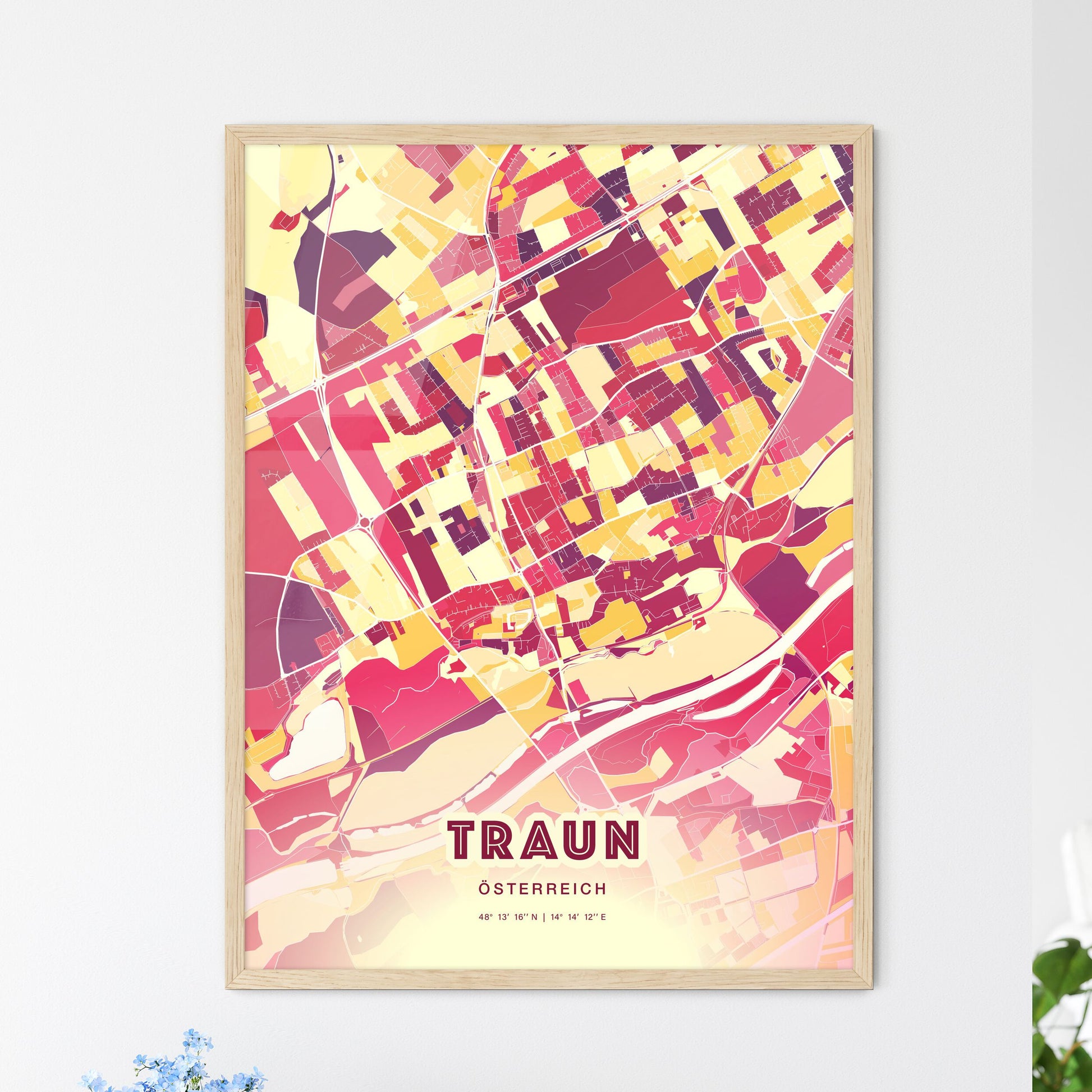 Colorful TRAUN AUSTRIA Fine Art Map Hot Red