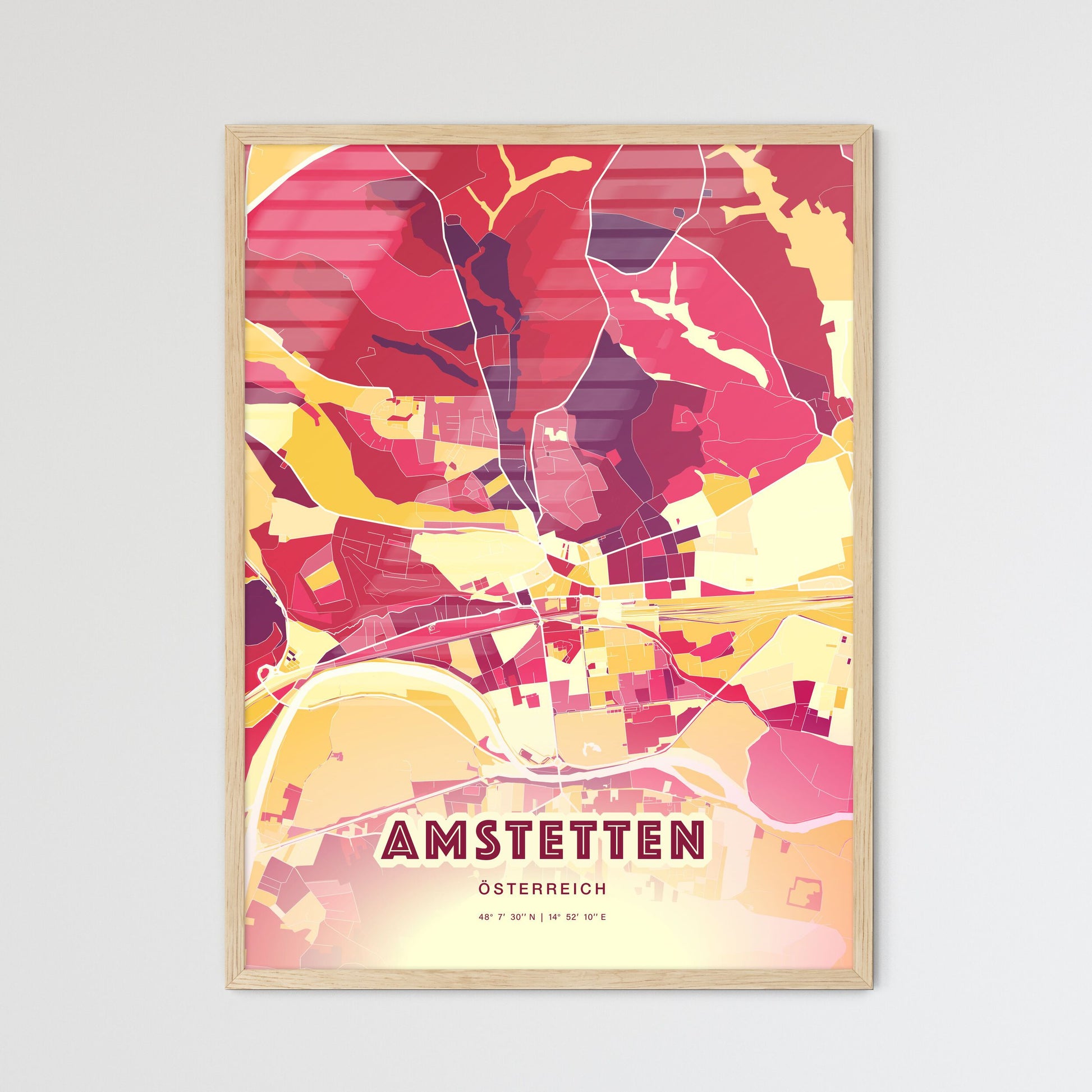 Colorful AMSTETTEN AUSTRIA Fine Art Map Hot Red