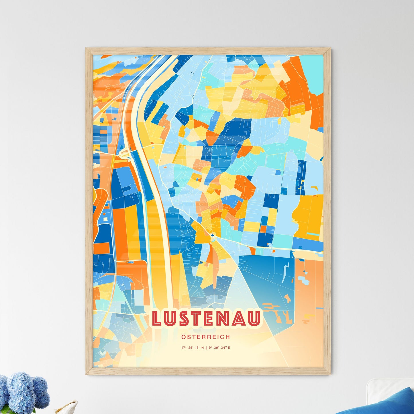 Colorful LUSTENAU AUSTRIA Fine Art Map Blue Orange