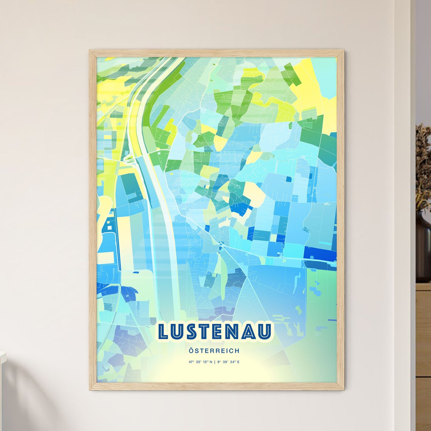 Colorful LUSTENAU AUSTRIA Fine Art Map Cool Blue