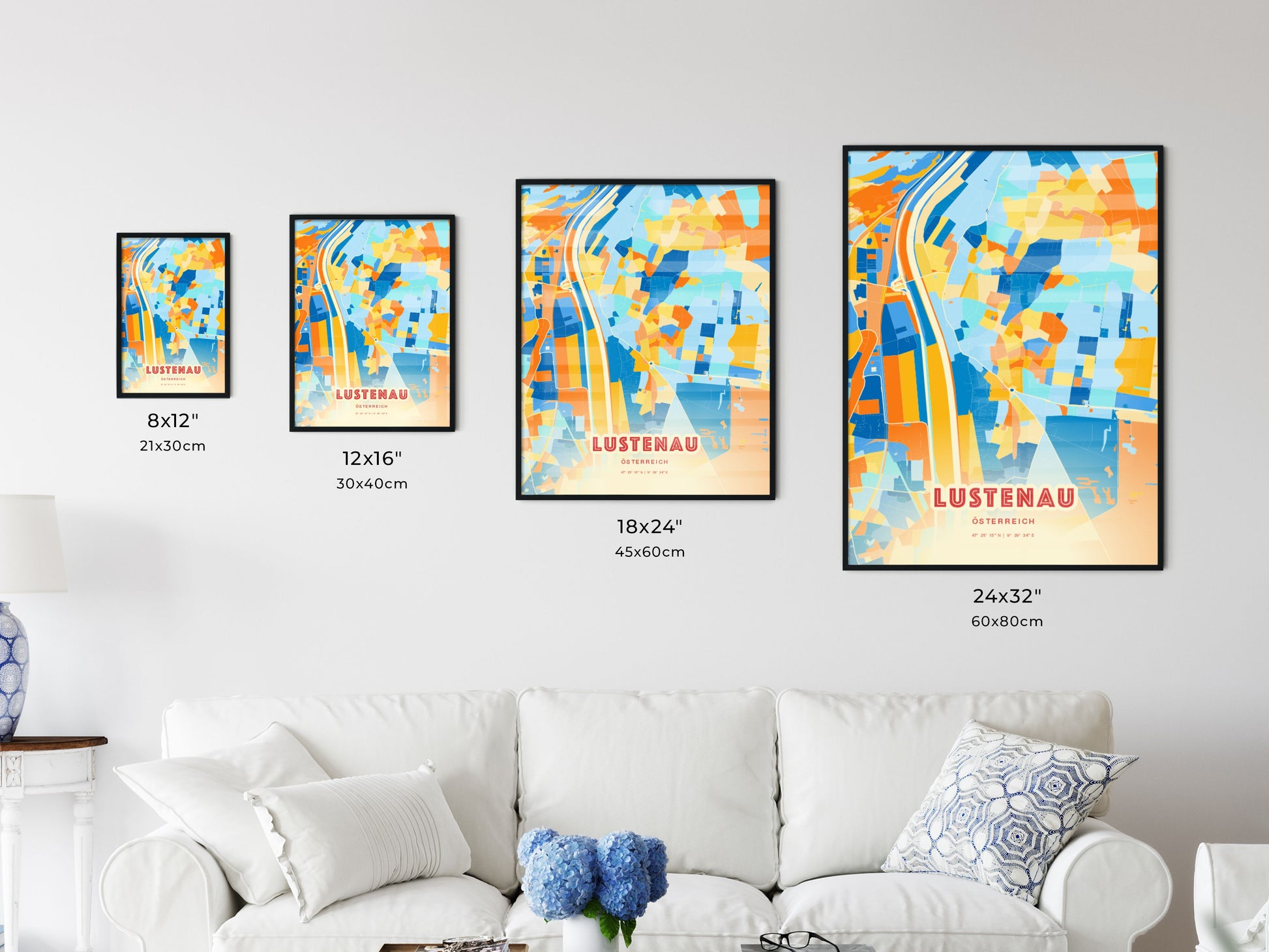 Colorful LUSTENAU AUSTRIA Fine Art Map Blue Orange