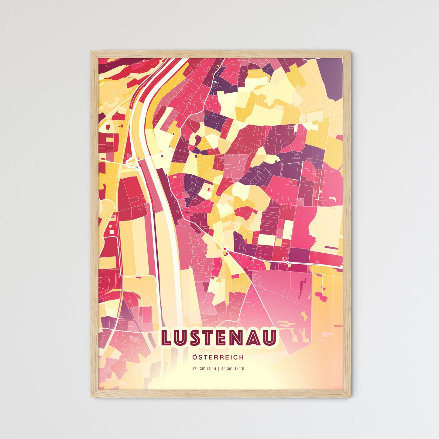 Colorful LUSTENAU AUSTRIA Fine Art Map Hot Red