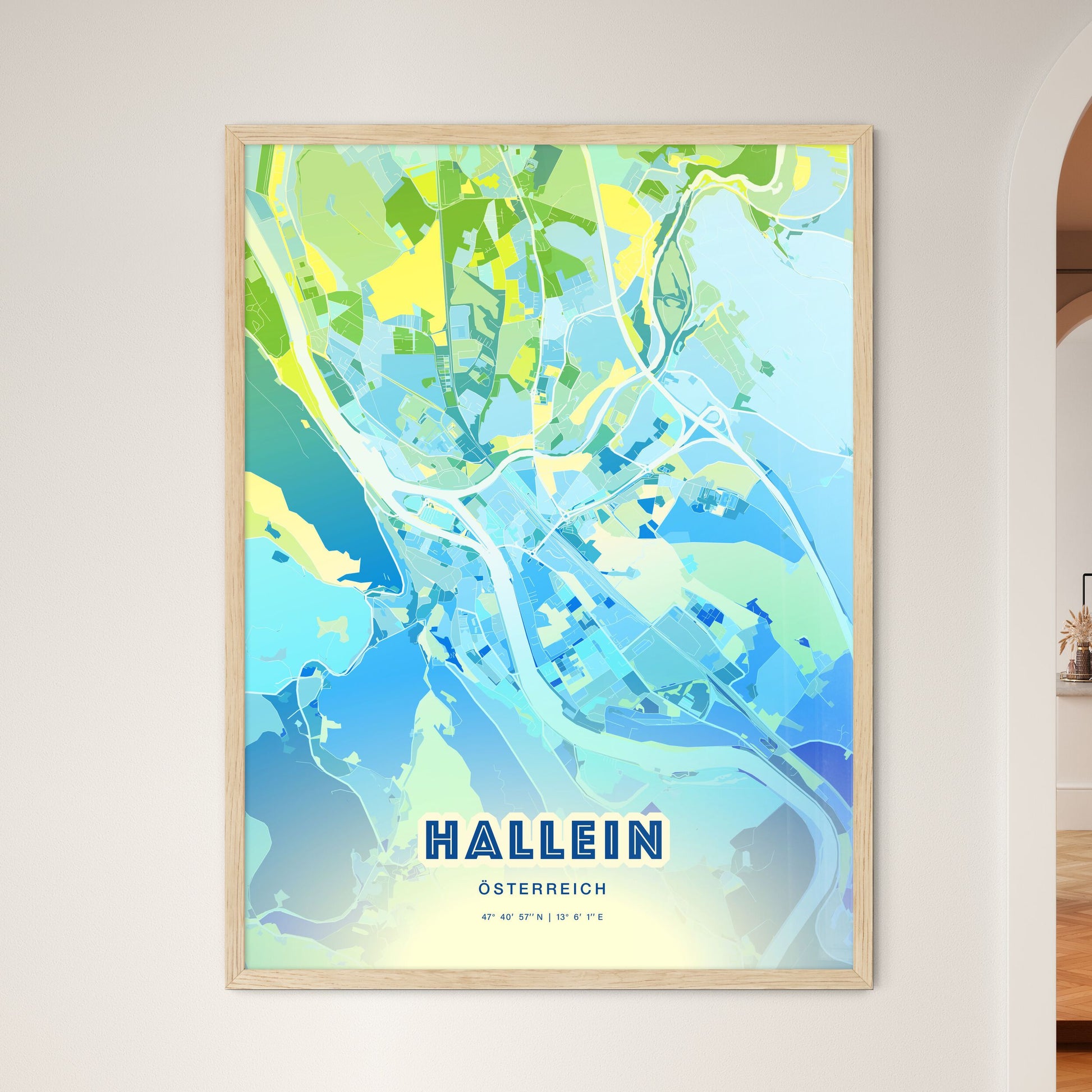 Colorful HALLEIN AUSTRIA Fine Art Map Cool Blue