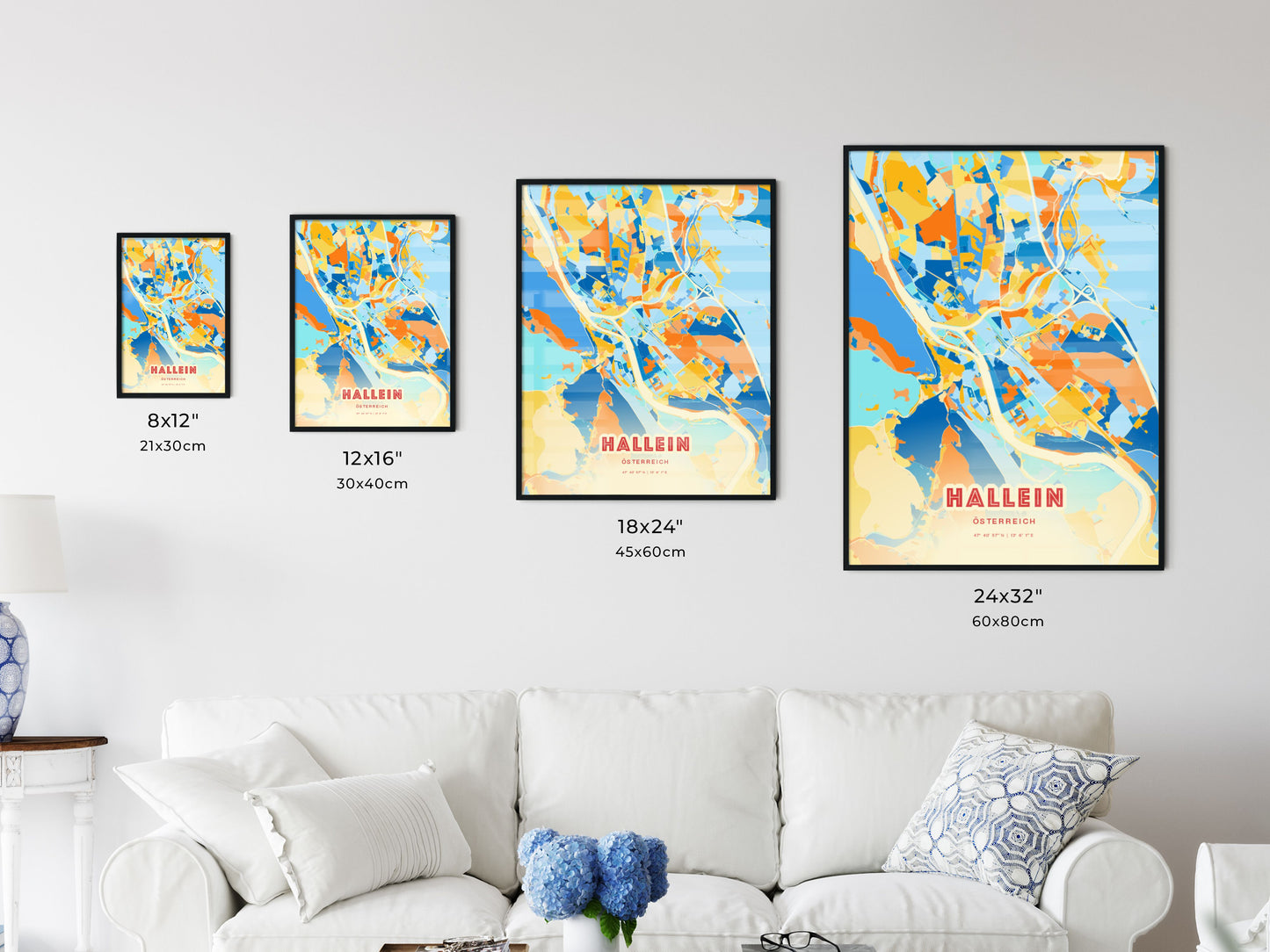 Colorful HALLEIN AUSTRIA Fine Art Map Blue Orange