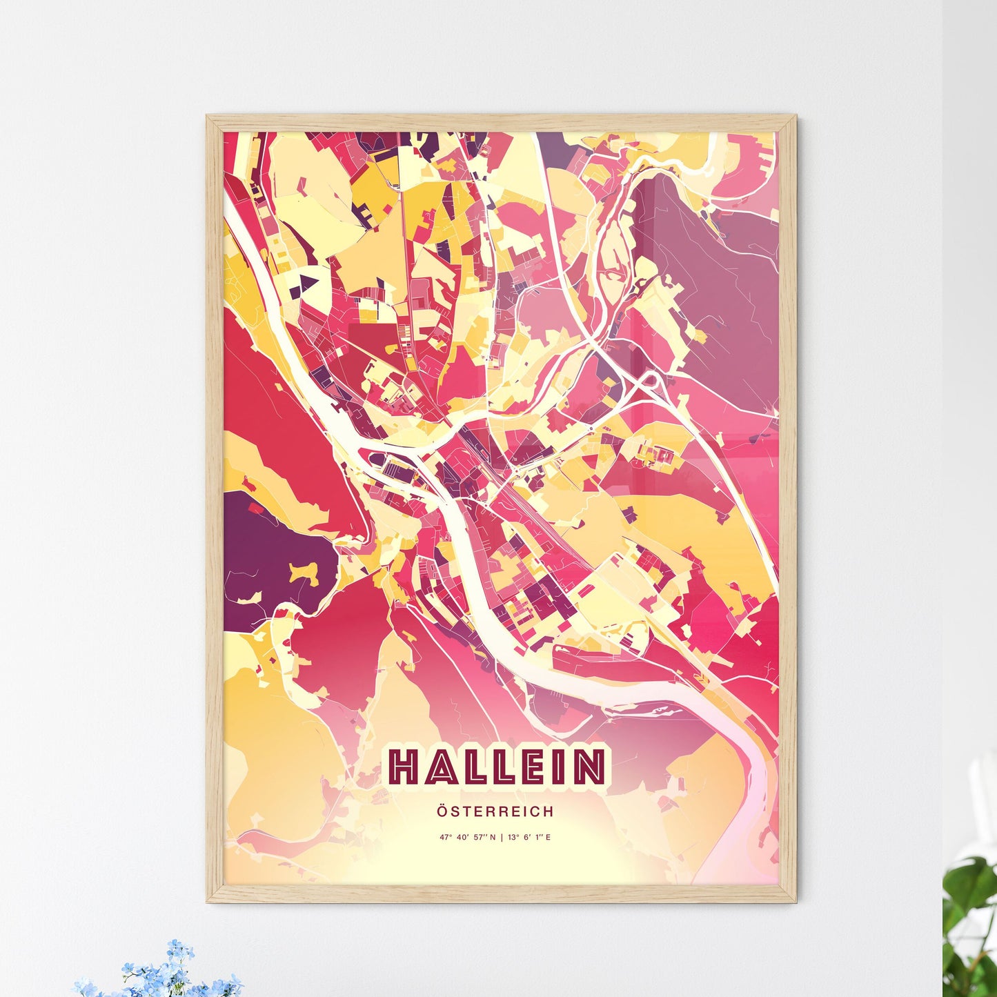 Colorful HALLEIN AUSTRIA Fine Art Map Hot Red