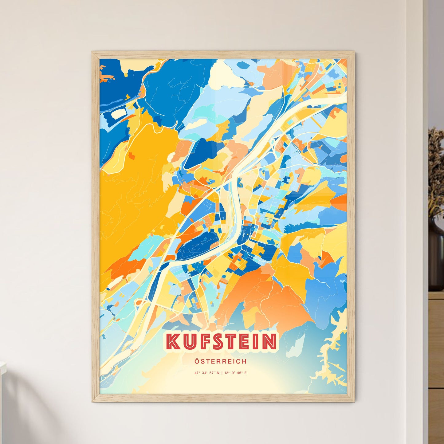 Colorful KUFSTEIN AUSTRIA Fine Art Map Blue Orange