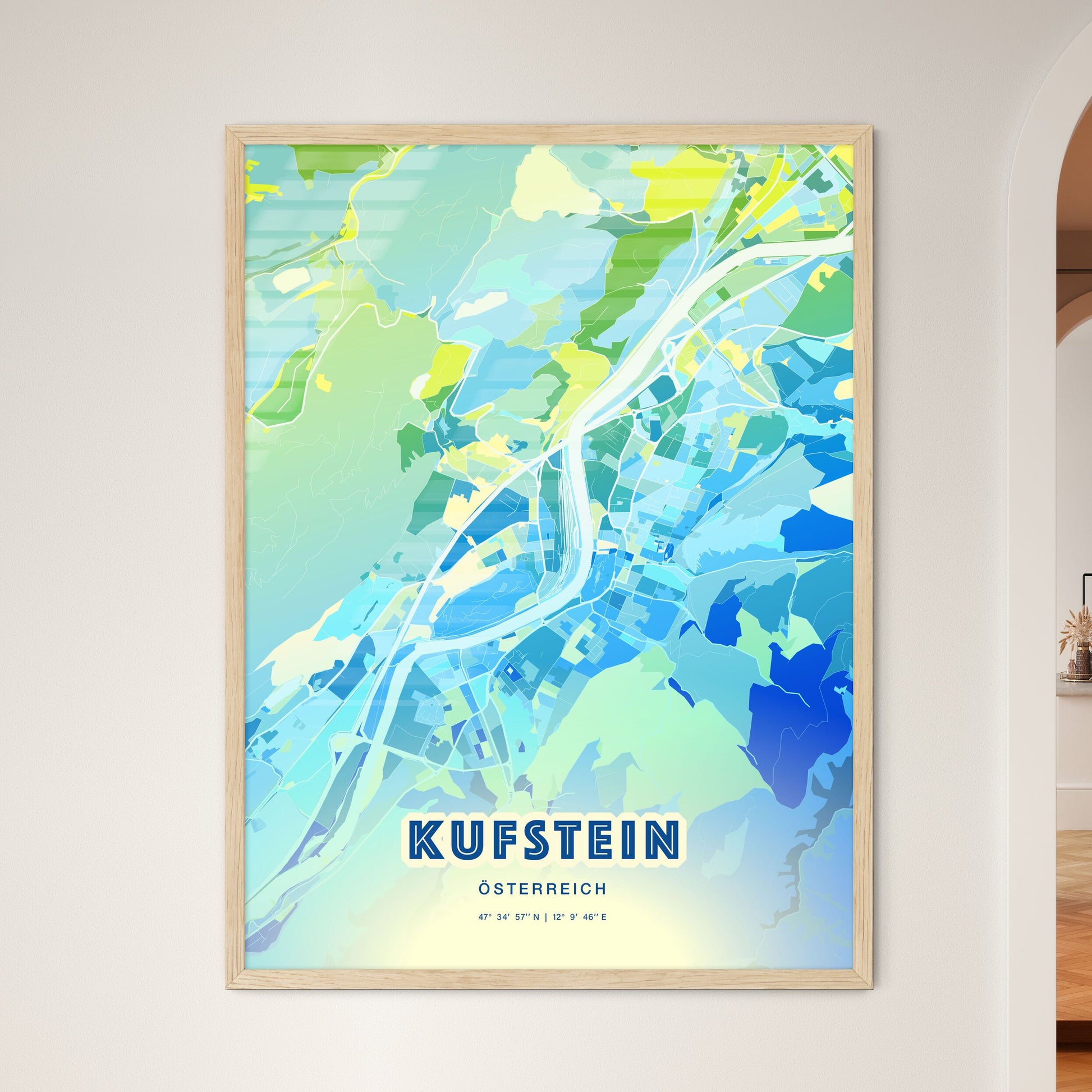 Colorful KUFSTEIN AUSTRIA Fine Art Map Cool Blue