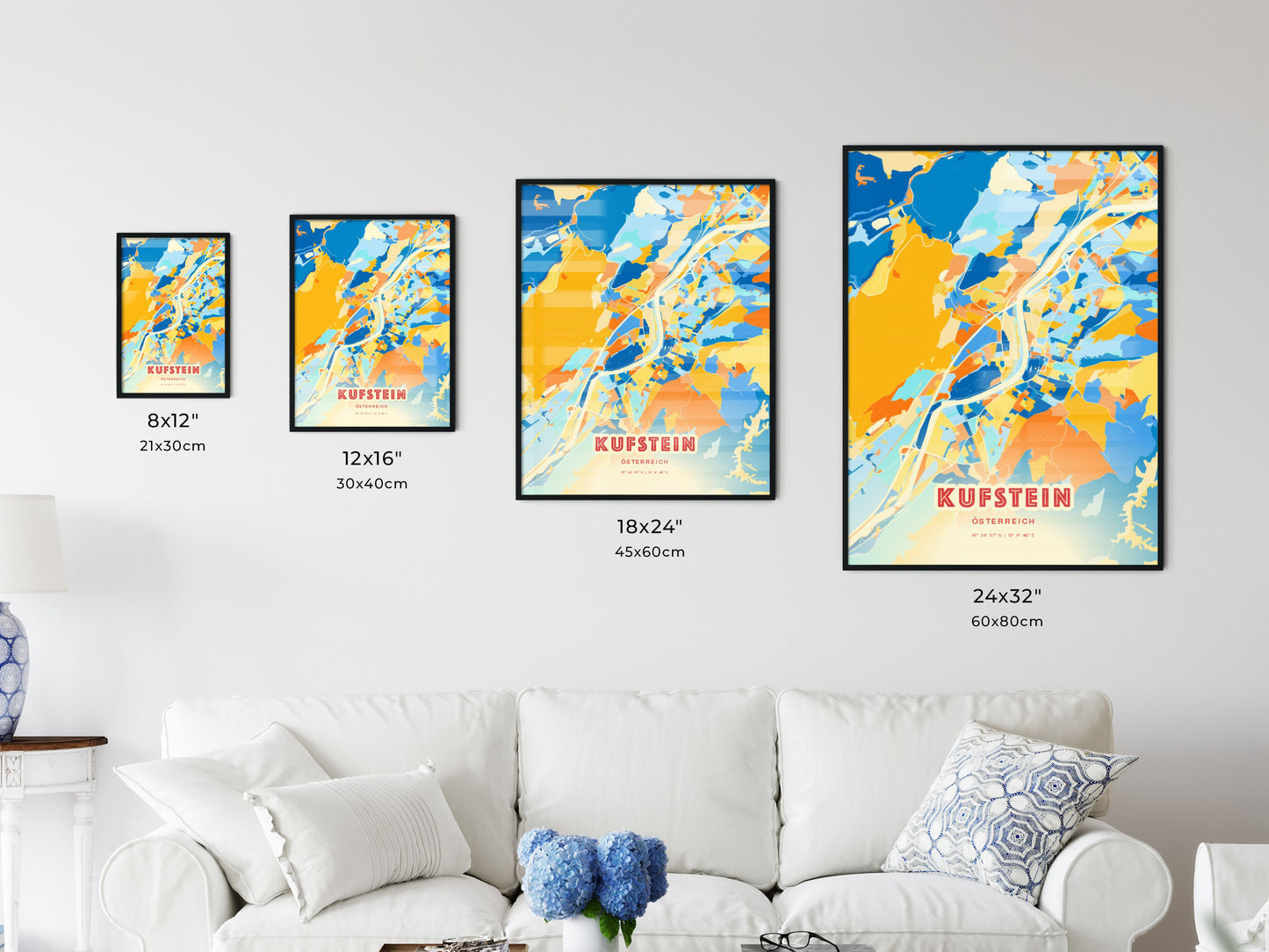 Colorful KUFSTEIN AUSTRIA Fine Art Map Blue Orange