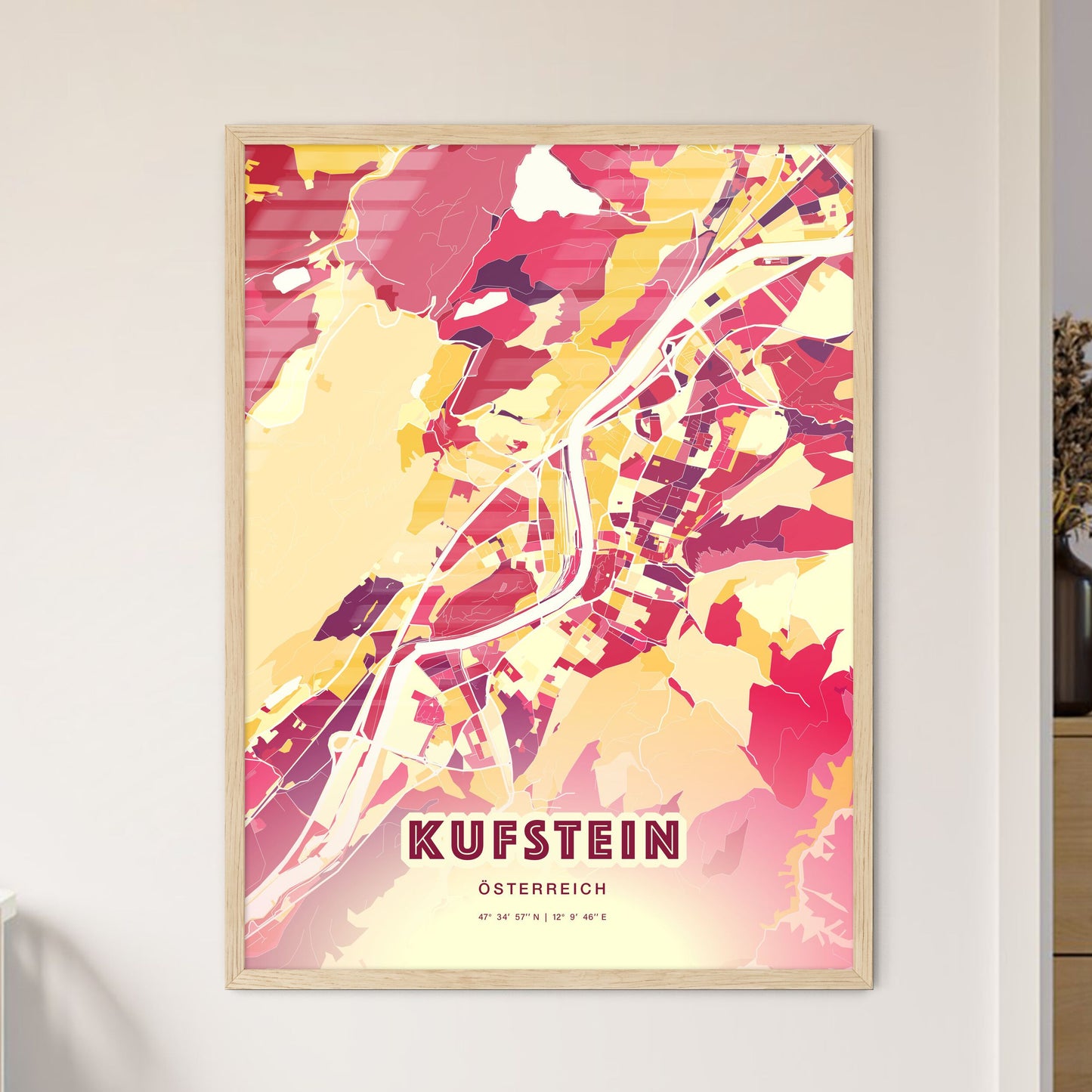 Colorful KUFSTEIN AUSTRIA Fine Art Map Hot Red