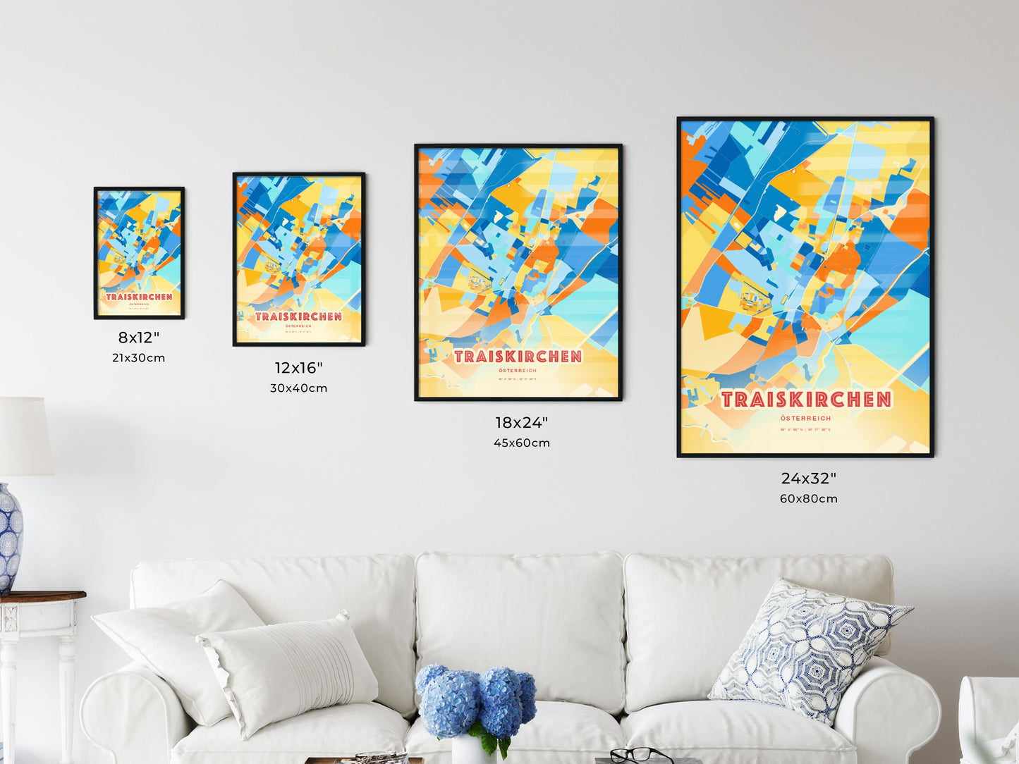 Colorful TRAISKIRCHEN AUSTRIA Fine Art Map Blue Orange