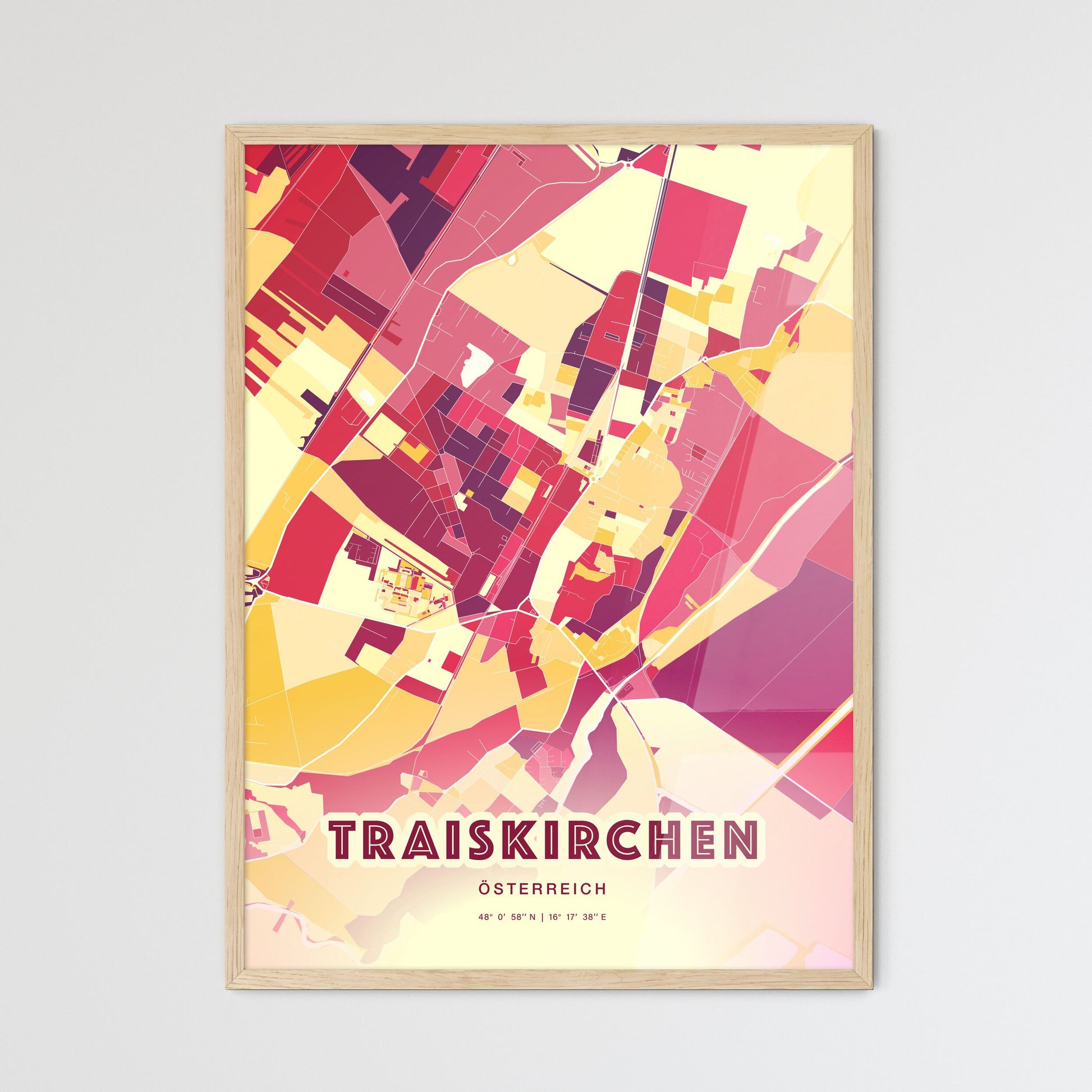 Colorful TRAISKIRCHEN AUSTRIA Fine Art Map Hot Red