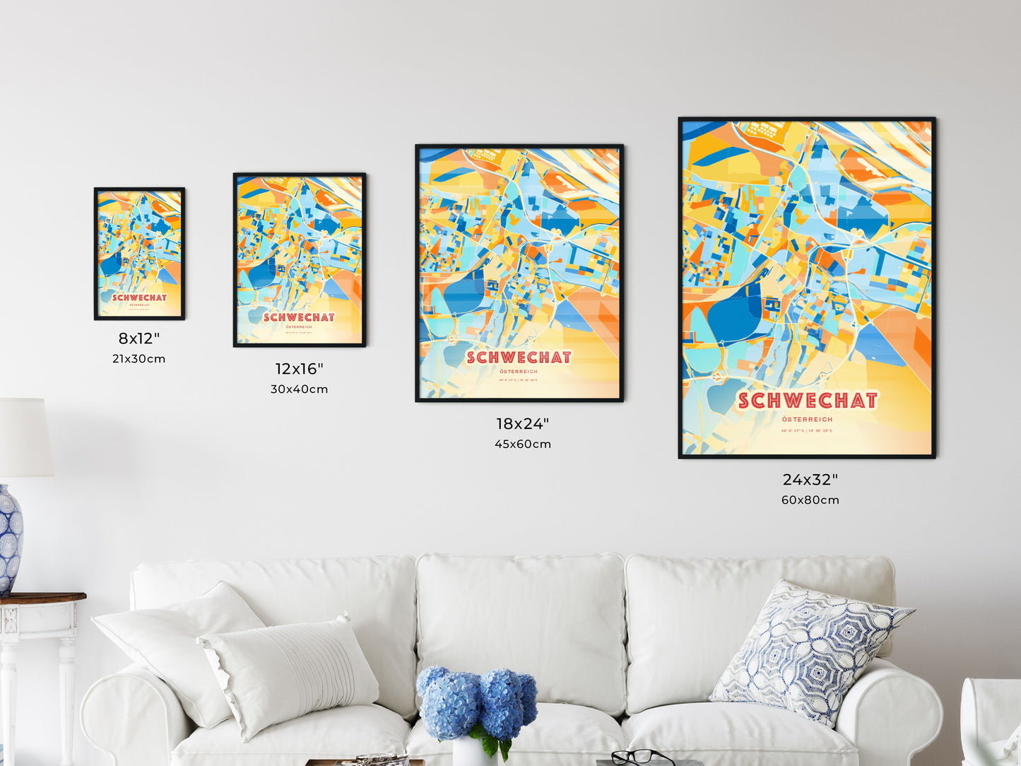 Colorful SCHWECHAT AUSTRIA Fine Art Map Blue Orange