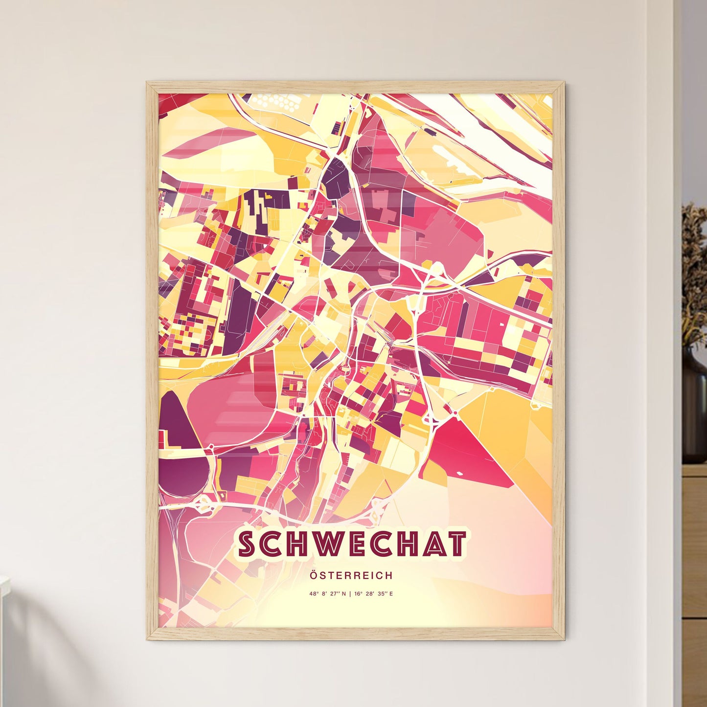 Colorful SCHWECHAT AUSTRIA Fine Art Map Hot Red