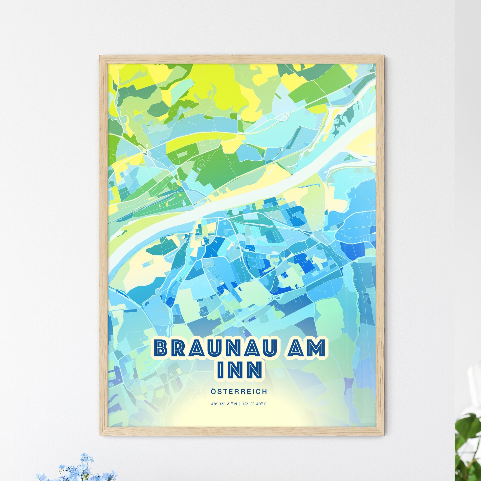 Colorful BRAUNAU AM INN AUSTRIA Fine Art Map Cool Blue