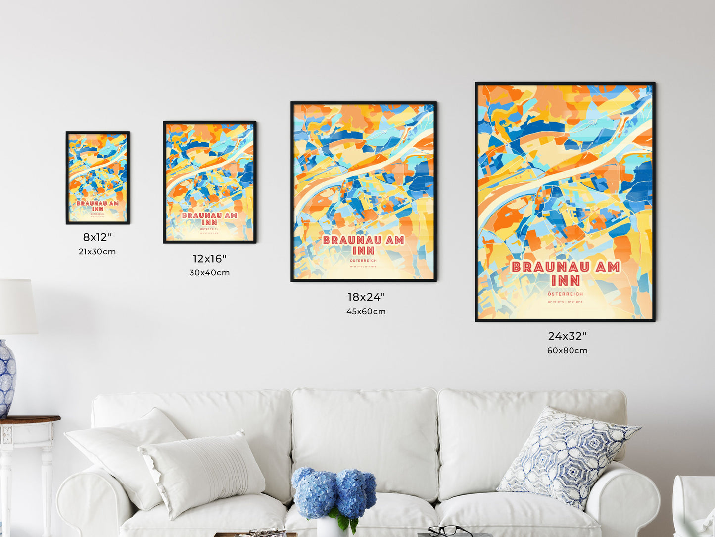 Colorful BRAUNAU AM INN AUSTRIA Fine Art Map Blue Orange