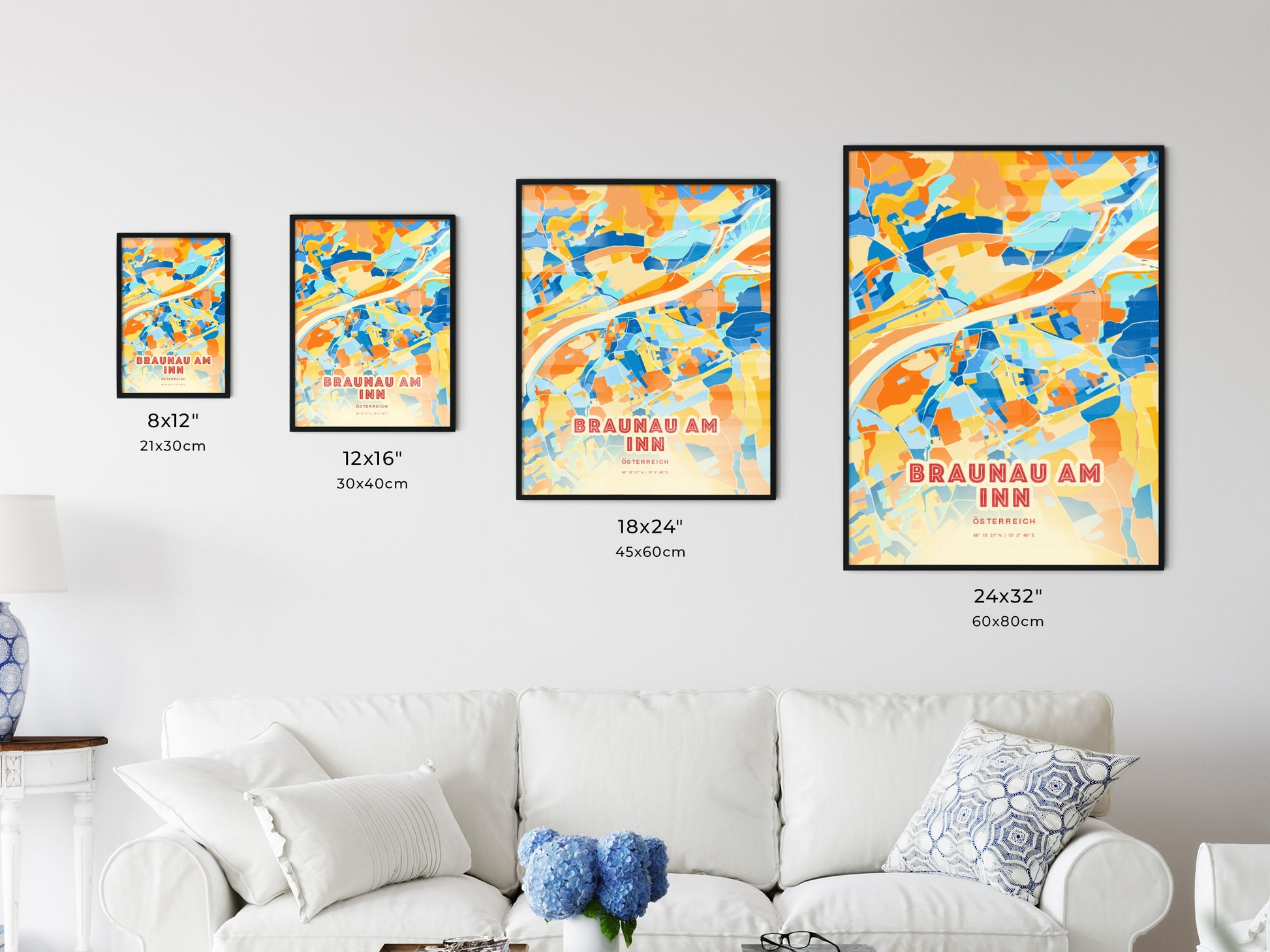 Colorful BRAUNAU AM INN AUSTRIA Fine Art Map Blue Orange