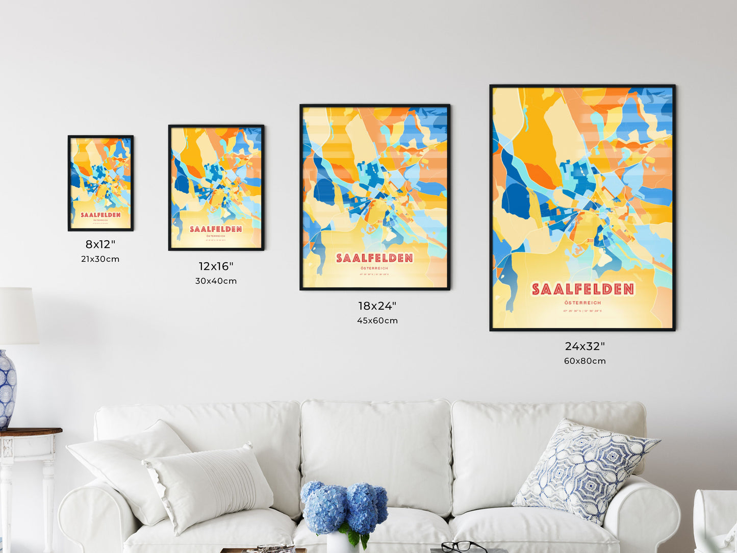 Colorful SAALFELDEN AUSTRIA Fine Art Map Blue Orange