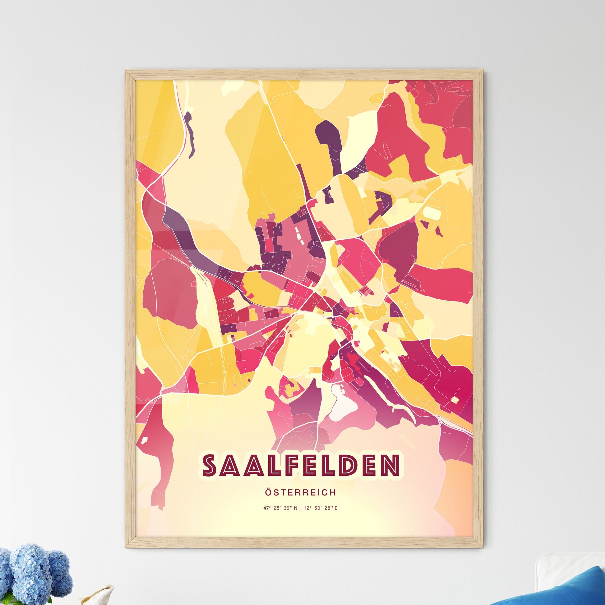 Colorful SAALFELDEN AUSTRIA Fine Art Map Hot Red