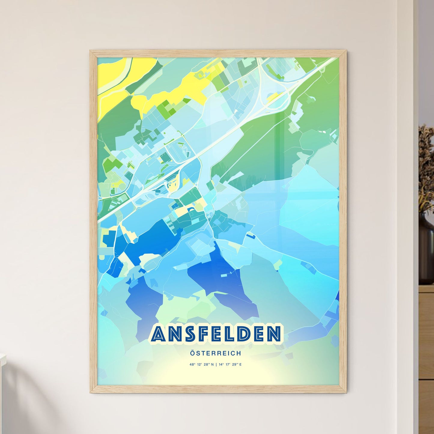 Colorful ANSFELDEN AUSTRIA Fine Art Map Cool Blue