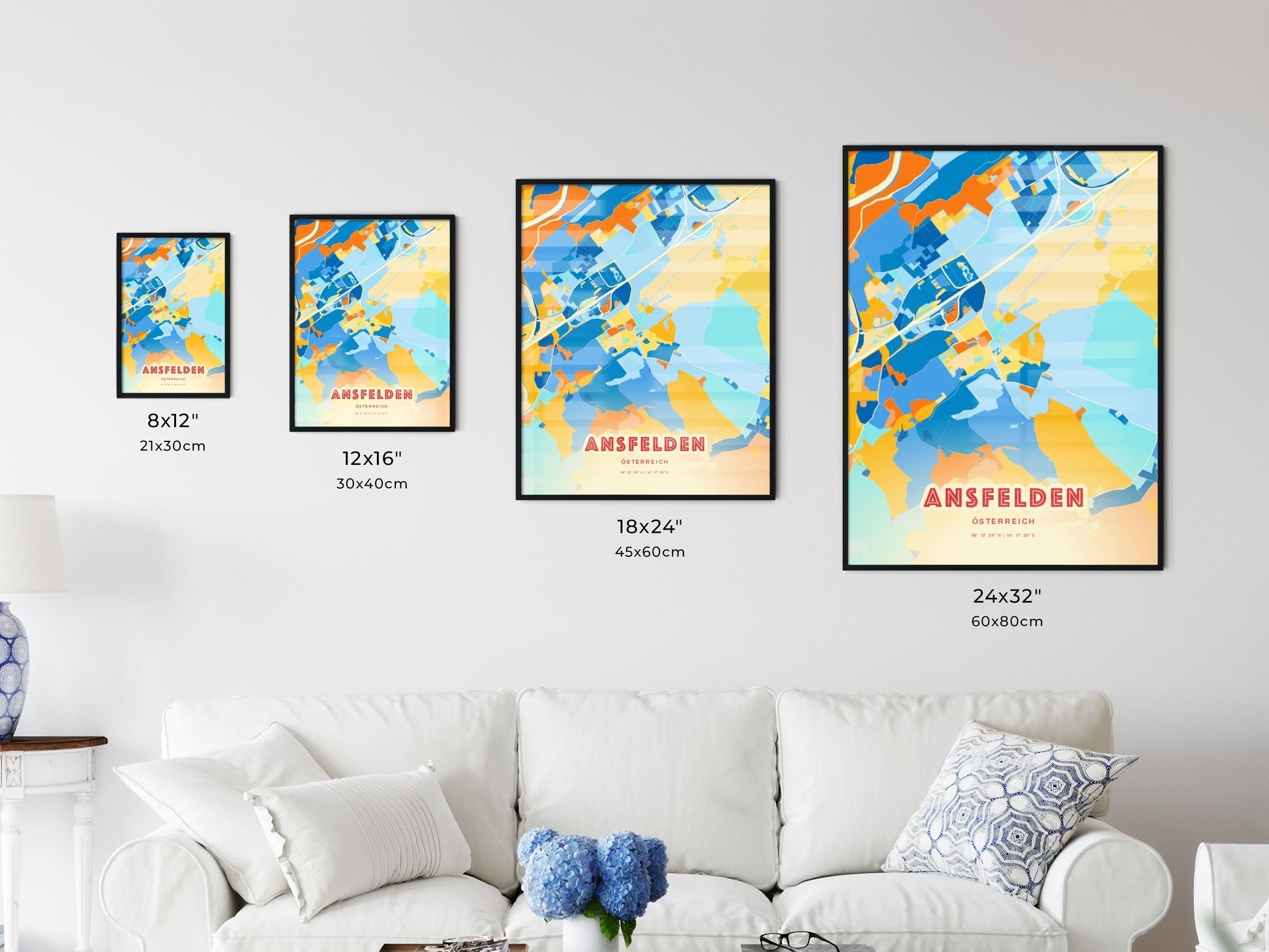 Colorful ANSFELDEN AUSTRIA Fine Art Map Blue Orange