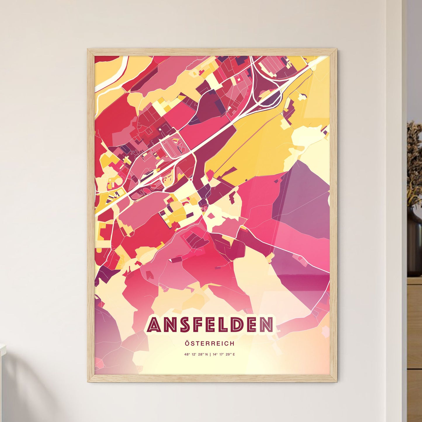 Colorful ANSFELDEN AUSTRIA Fine Art Map Hot Red