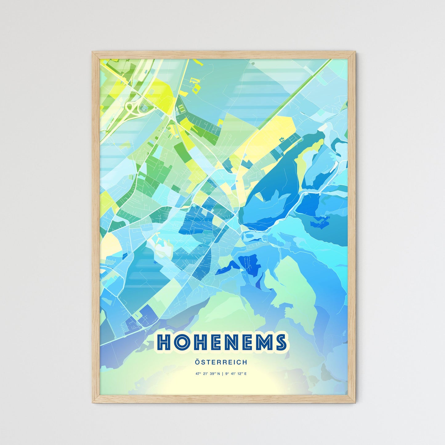 Colorful HOHENEMS AUSTRIA Fine Art Map Cool Blue