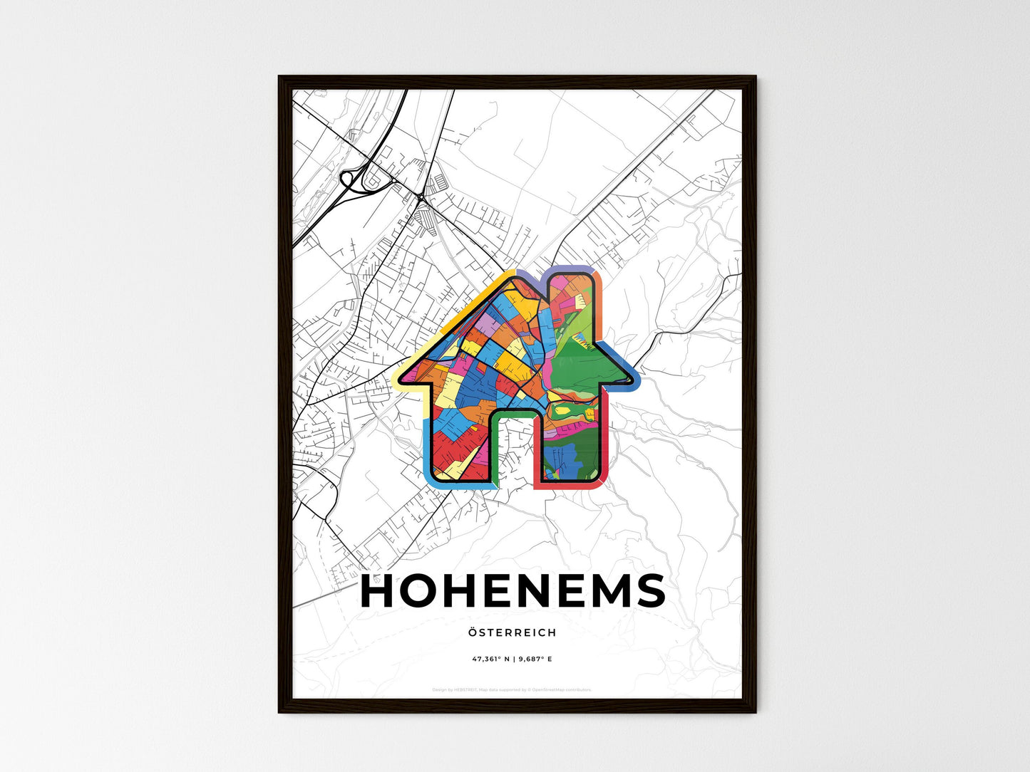 Hohenems Austria wedding art map with home icon