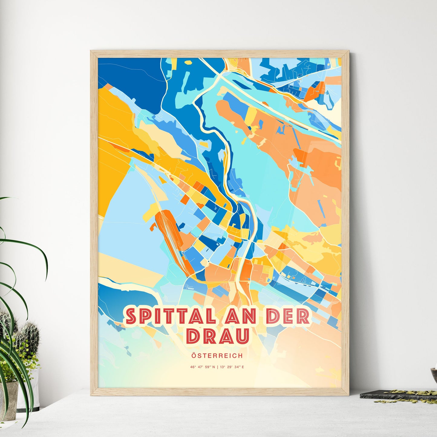 Colorful SPITTAL AN DER DRAU AUSTRIA Fine Art Map Blue Orange