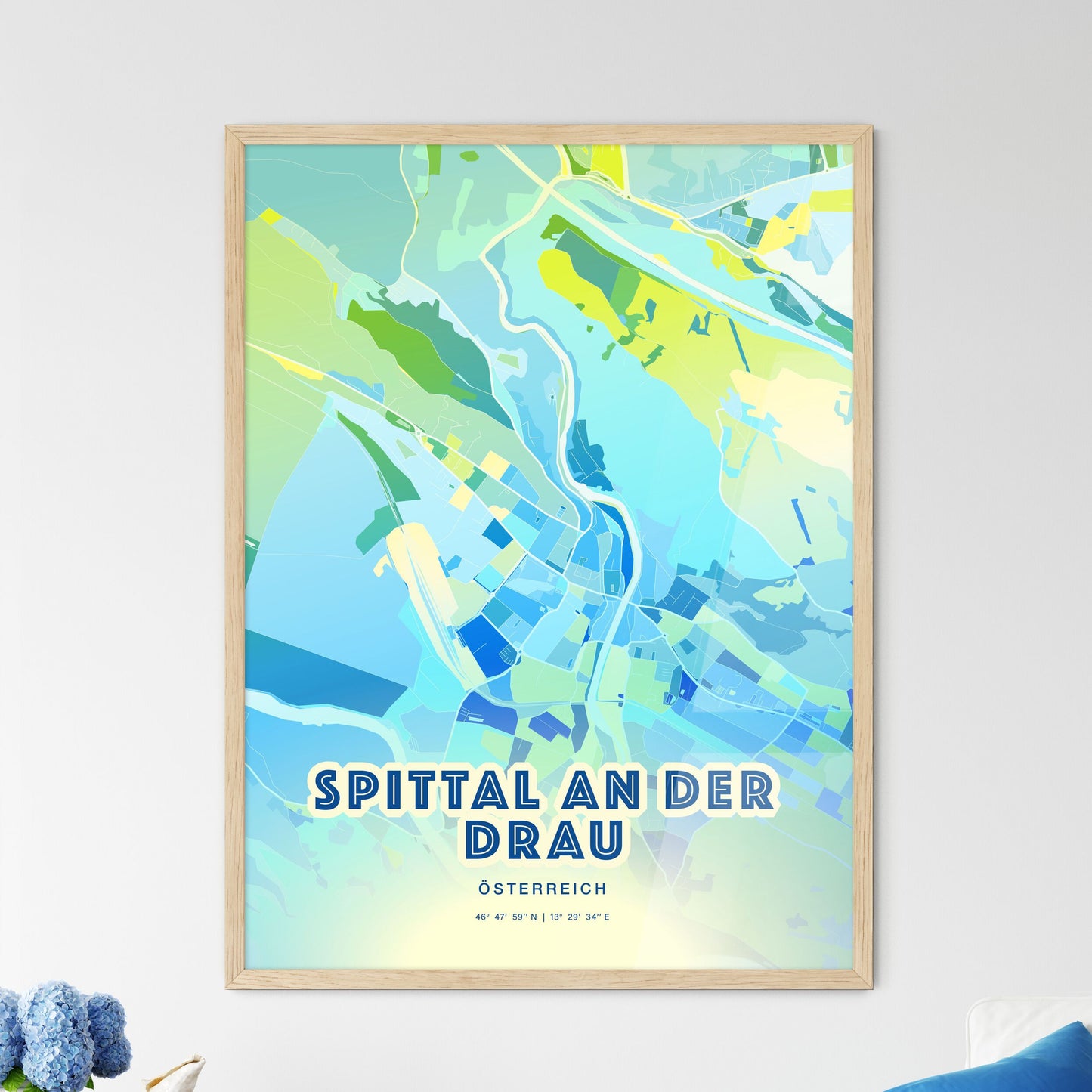 Colorful SPITTAL AN DER DRAU AUSTRIA Fine Art Map Cool Blue